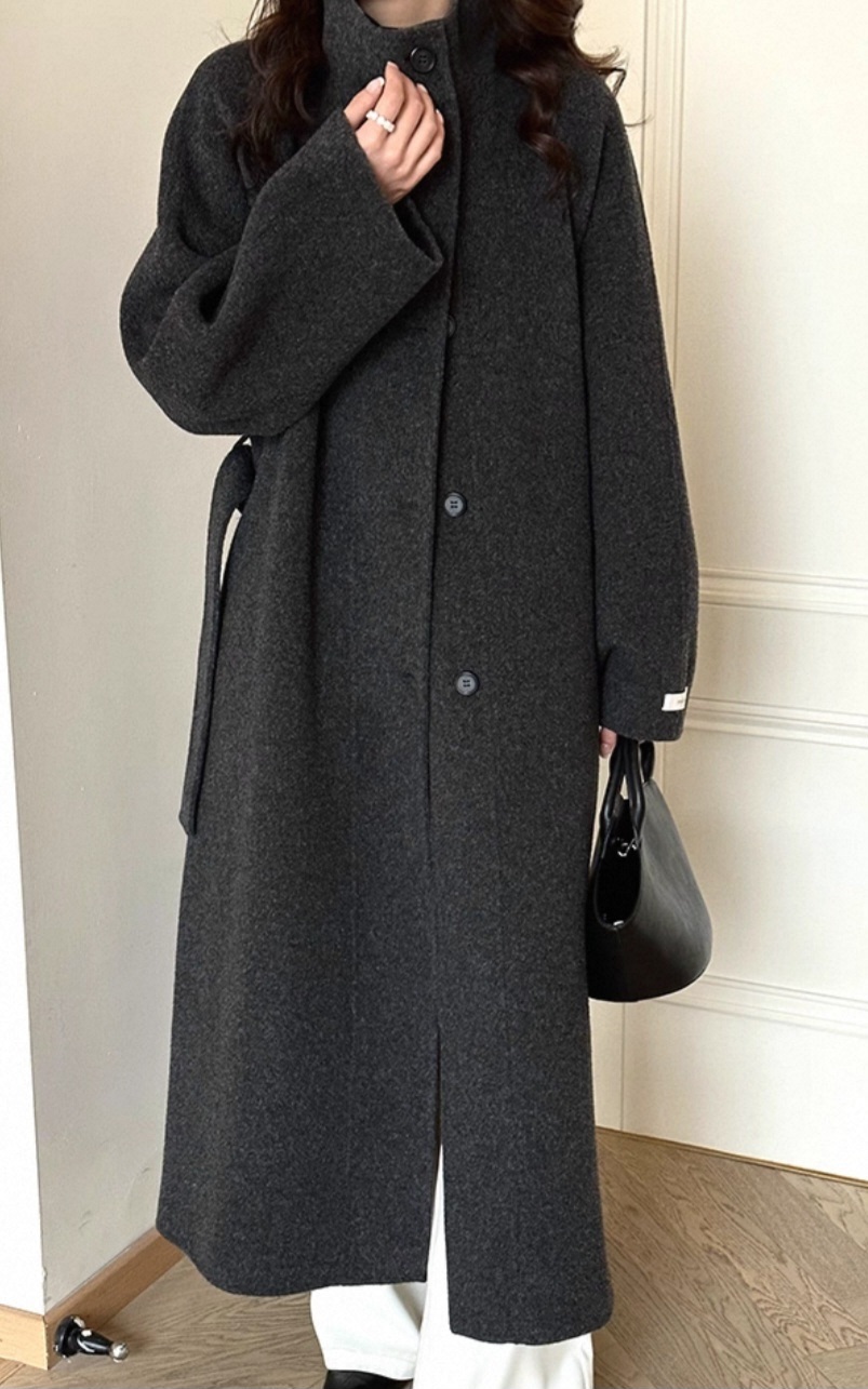 ウール混ボタンハイネックロングルーズ長袖コートストラップ付 | 詳細画像9