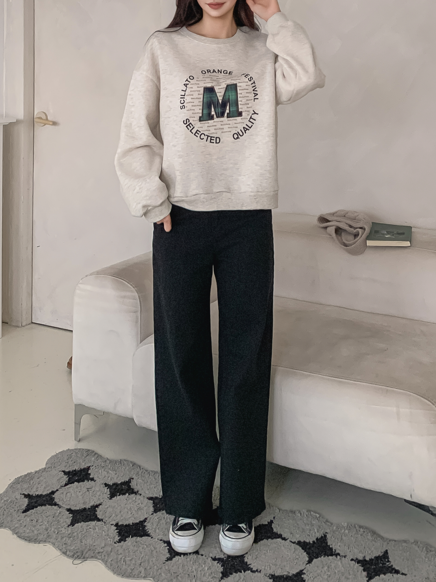 裏起毛ラウンドネックパッチ長袖チェックスウェット | 詳細画像3