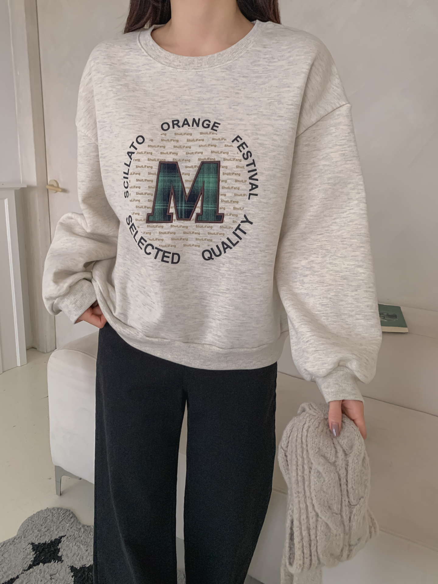 裏起毛ラウンドネックパッチ長袖チェックスウェット | 詳細画像7