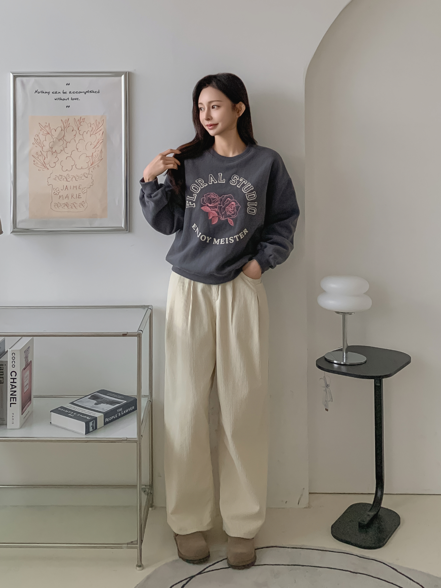 裏起毛コットンラウンドネック長袖刺繍花柄スウェット | 詳細画像6