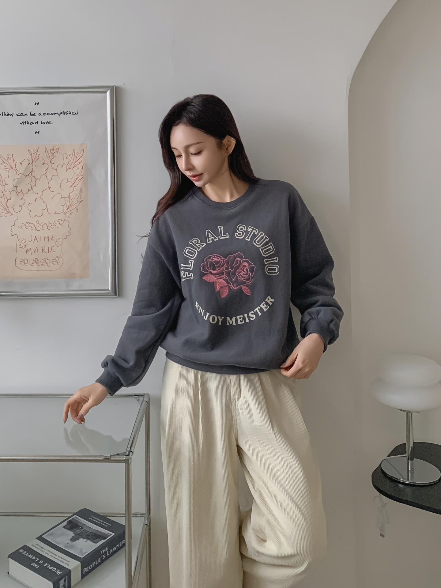 裏起毛コットンラウンドネック長袖刺繍花柄スウェット | 詳細画像7