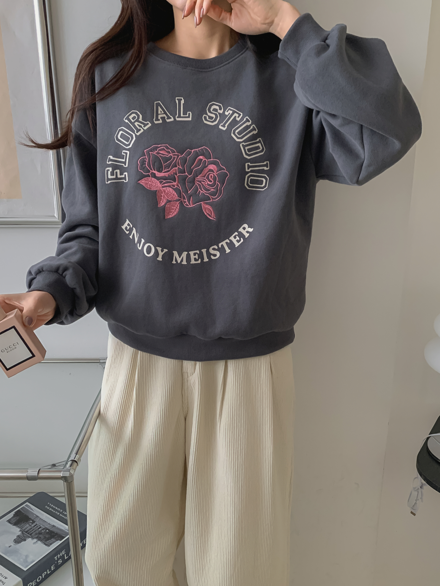 裏起毛コットンラウンドネック長袖刺繍花柄スウェット | 詳細画像9