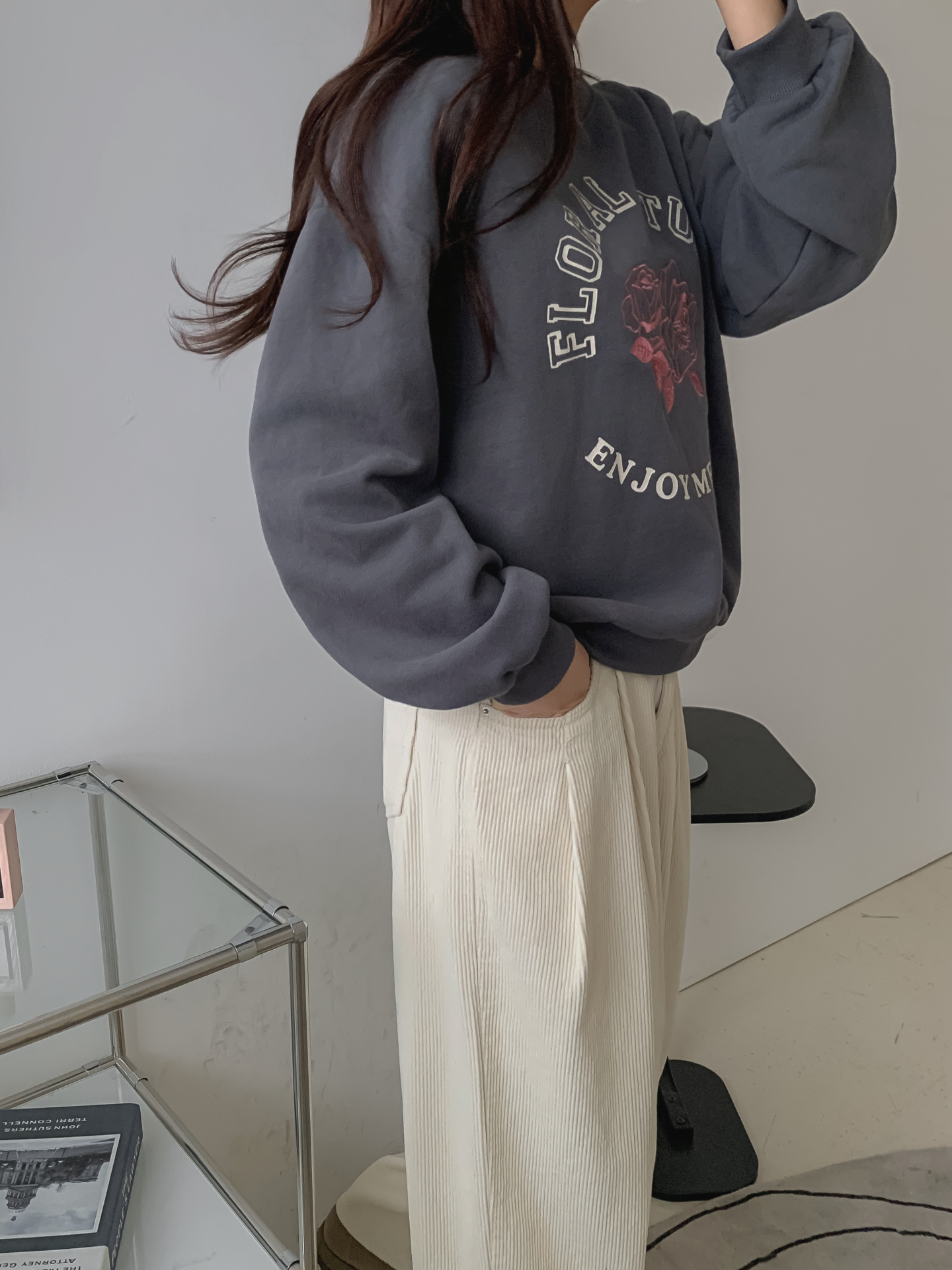 裏起毛コットンラウンドネック長袖刺繍花柄スウェット | 詳細画像10