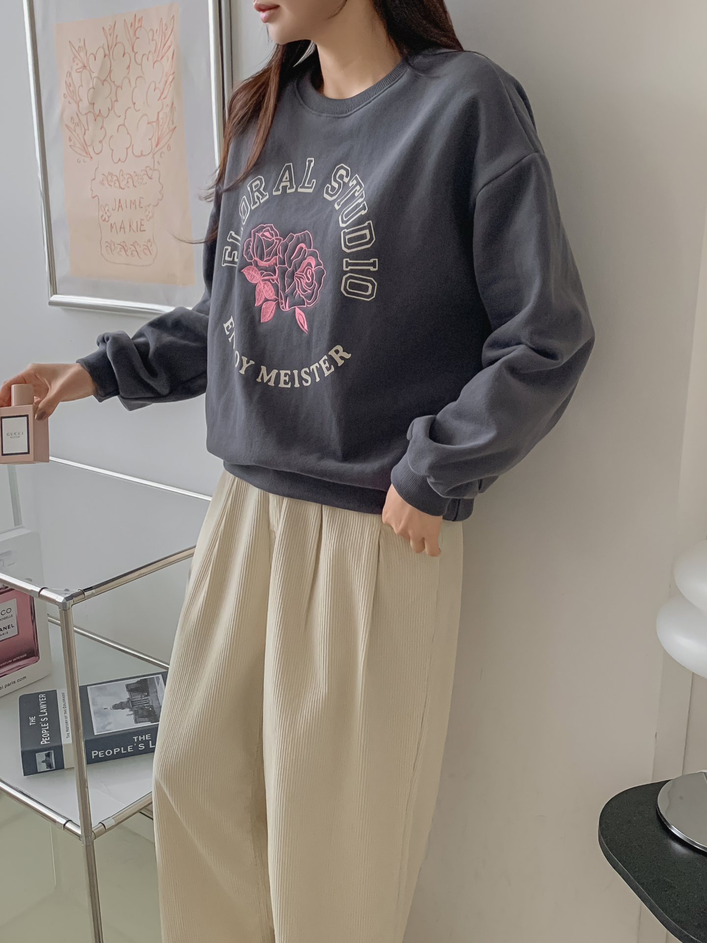 裏起毛コットンラウンドネック長袖刺繍花柄スウェット | 詳細画像11