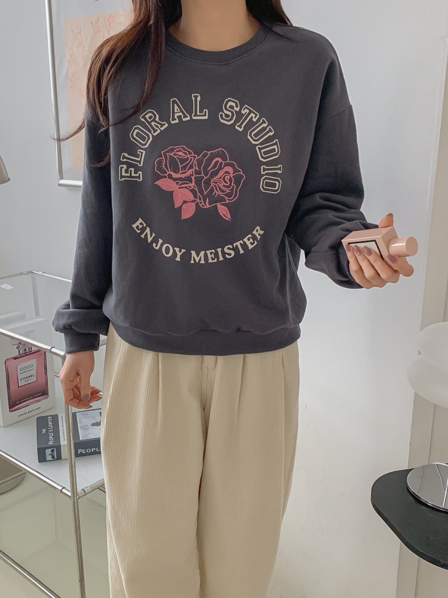 裏起毛コットンラウンドネック長袖刺繍花柄スウェット | 詳細画像12