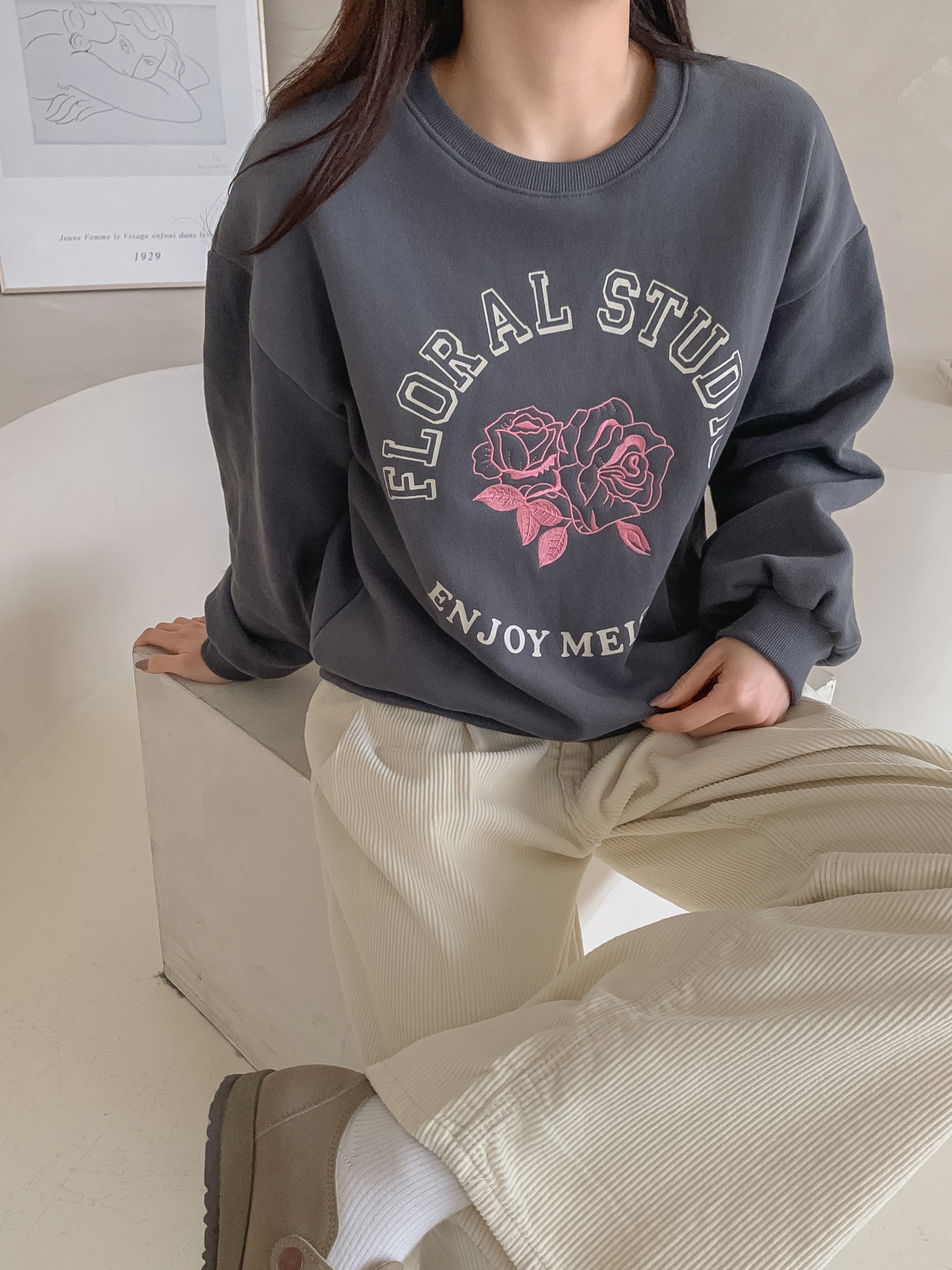 裏起毛コットンラウンドネック長袖刺繍花柄スウェット | 詳細画像15