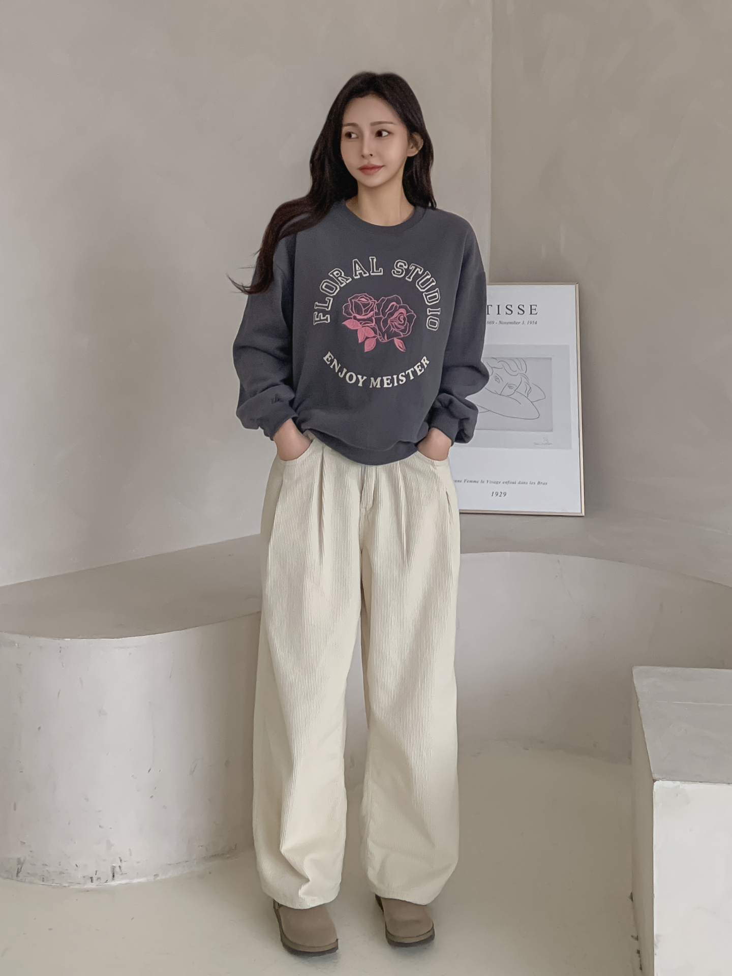 裏起毛コットンラウンドネック長袖刺繍花柄スウェット | 詳細画像17