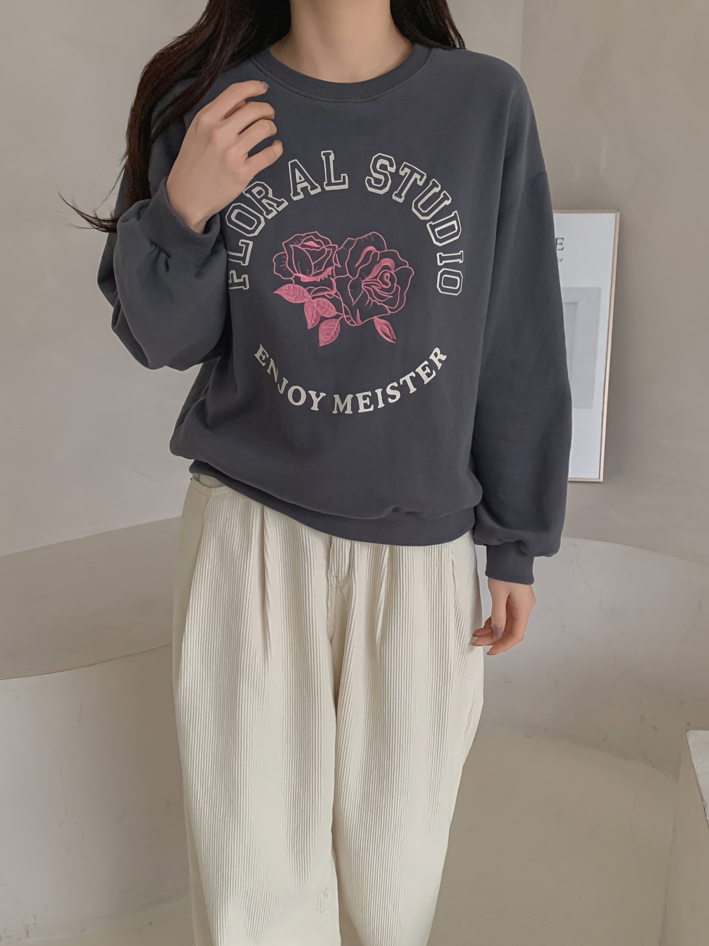 裏起毛コットンラウンドネック長袖刺繍花柄スウェット | 詳細画像18