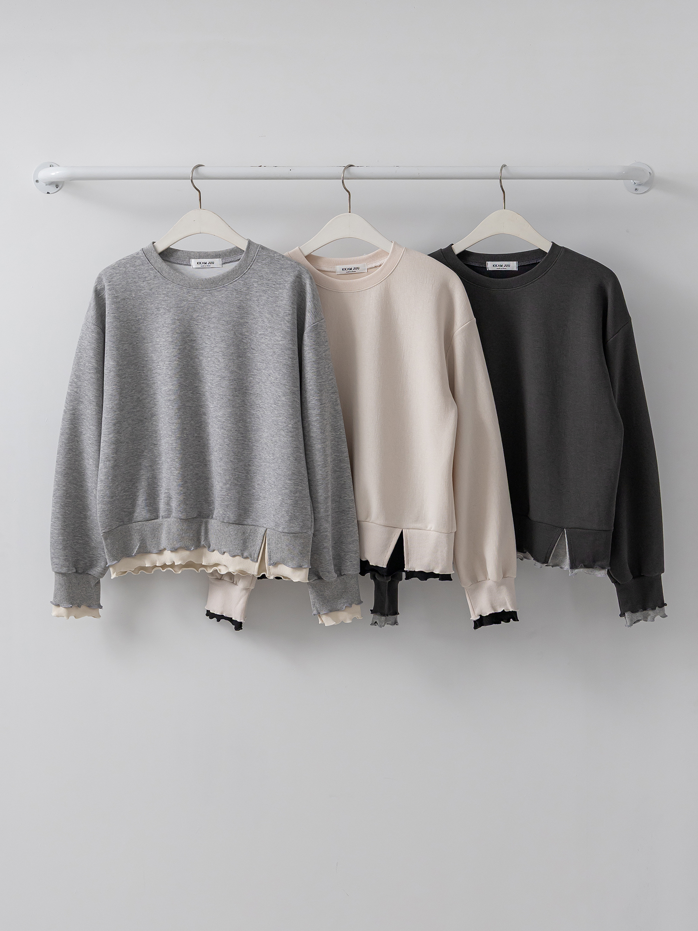 配色ラウンドネックスリットレイヤード風ルーズ長袖スウェット | 詳細画像2