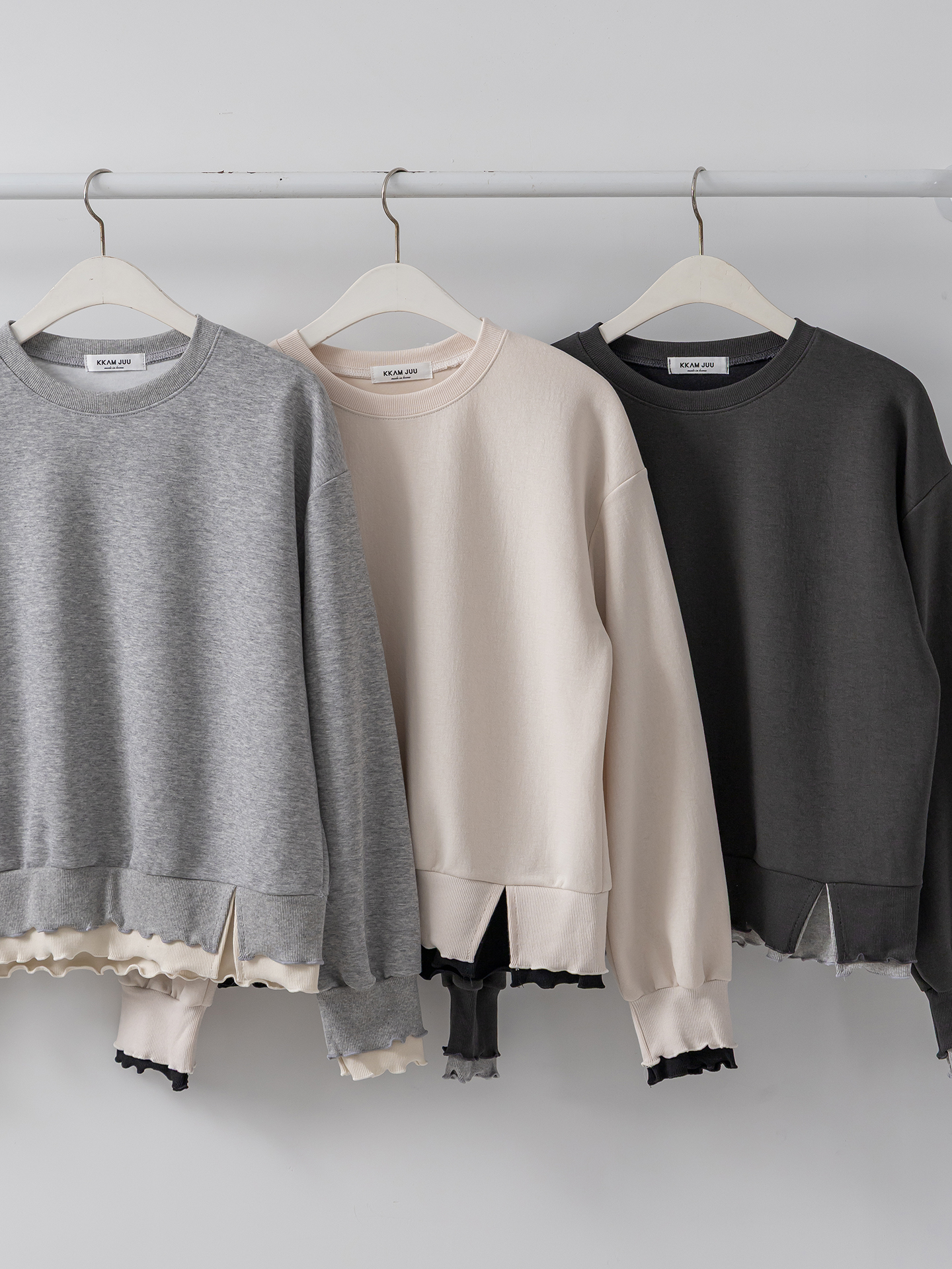 配色ラウンドネックスリットレイヤード風ルーズ長袖スウェット | 詳細画像3