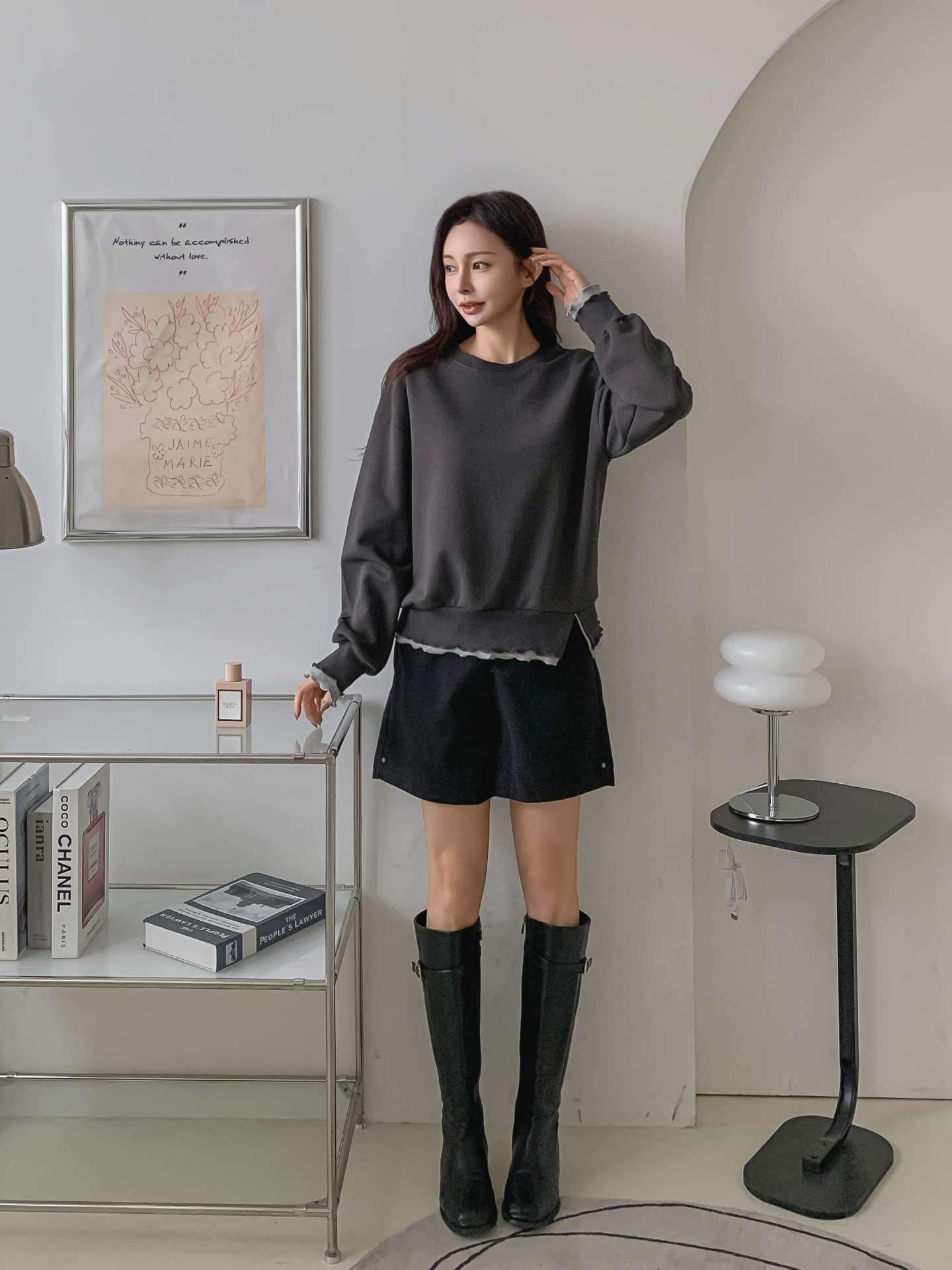 配色ラウンドネックスリットレイヤード風ルーズ長袖スウェット | 詳細画像4