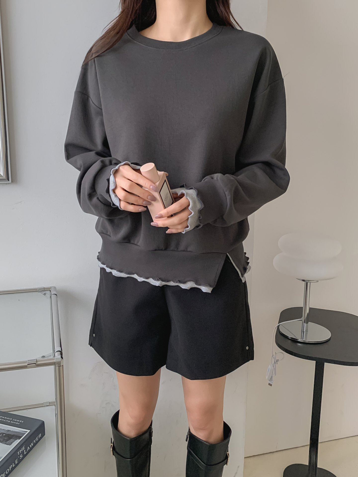 配色ラウンドネックスリットレイヤード風ルーズ長袖スウェット | 詳細画像5