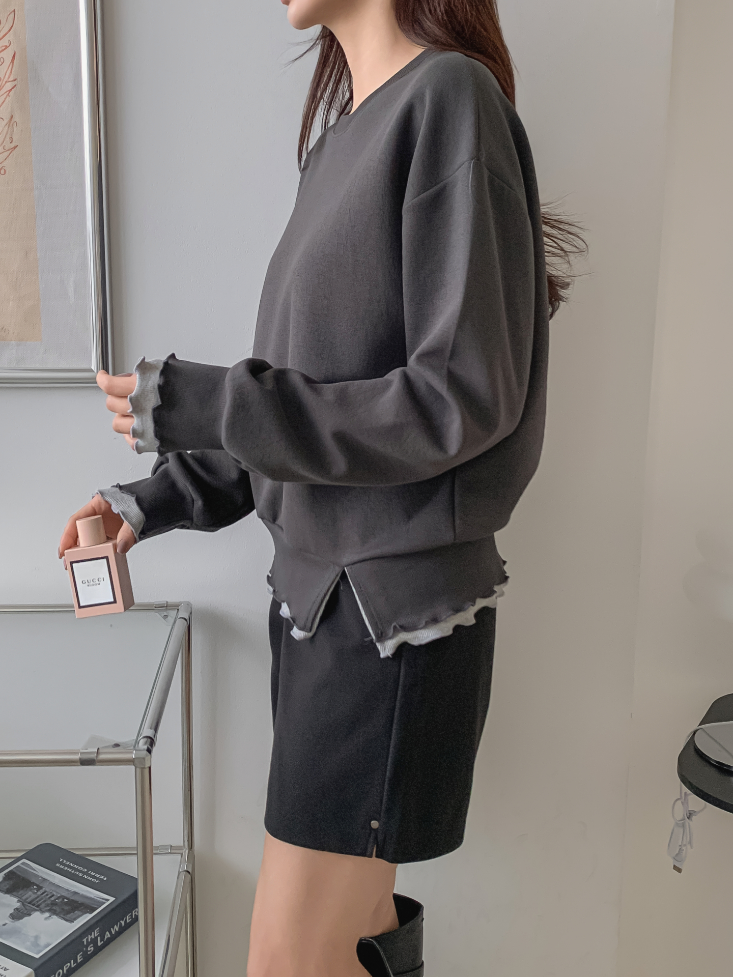 配色ラウンドネックスリットレイヤード風ルーズ長袖スウェット | 詳細画像6