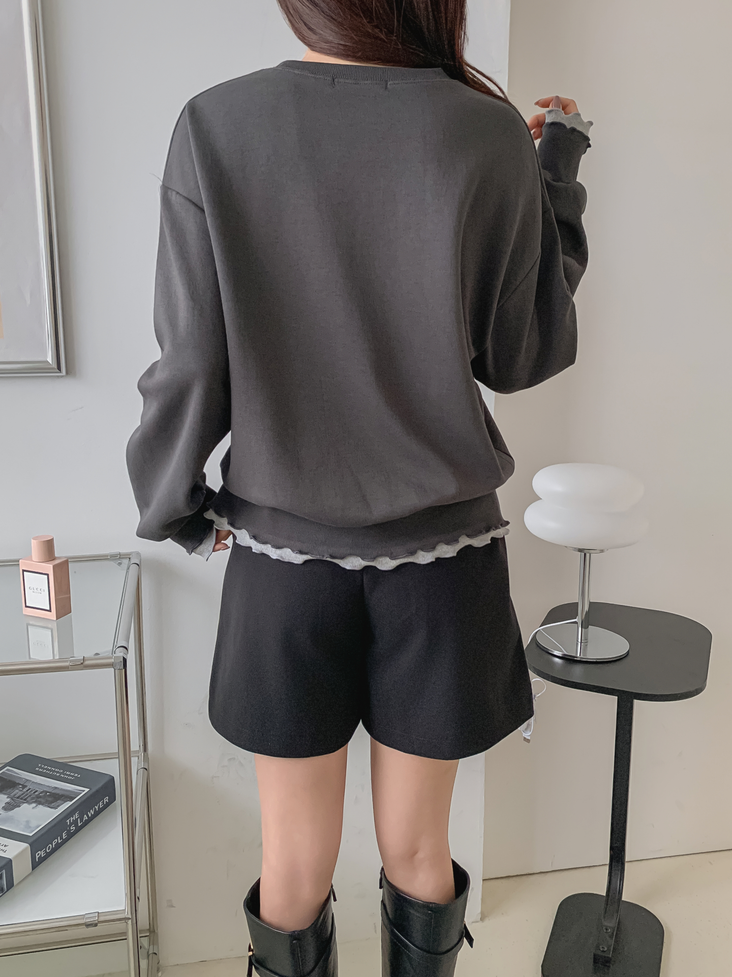 配色ラウンドネックスリットレイヤード風ルーズ長袖スウェット | 詳細画像7