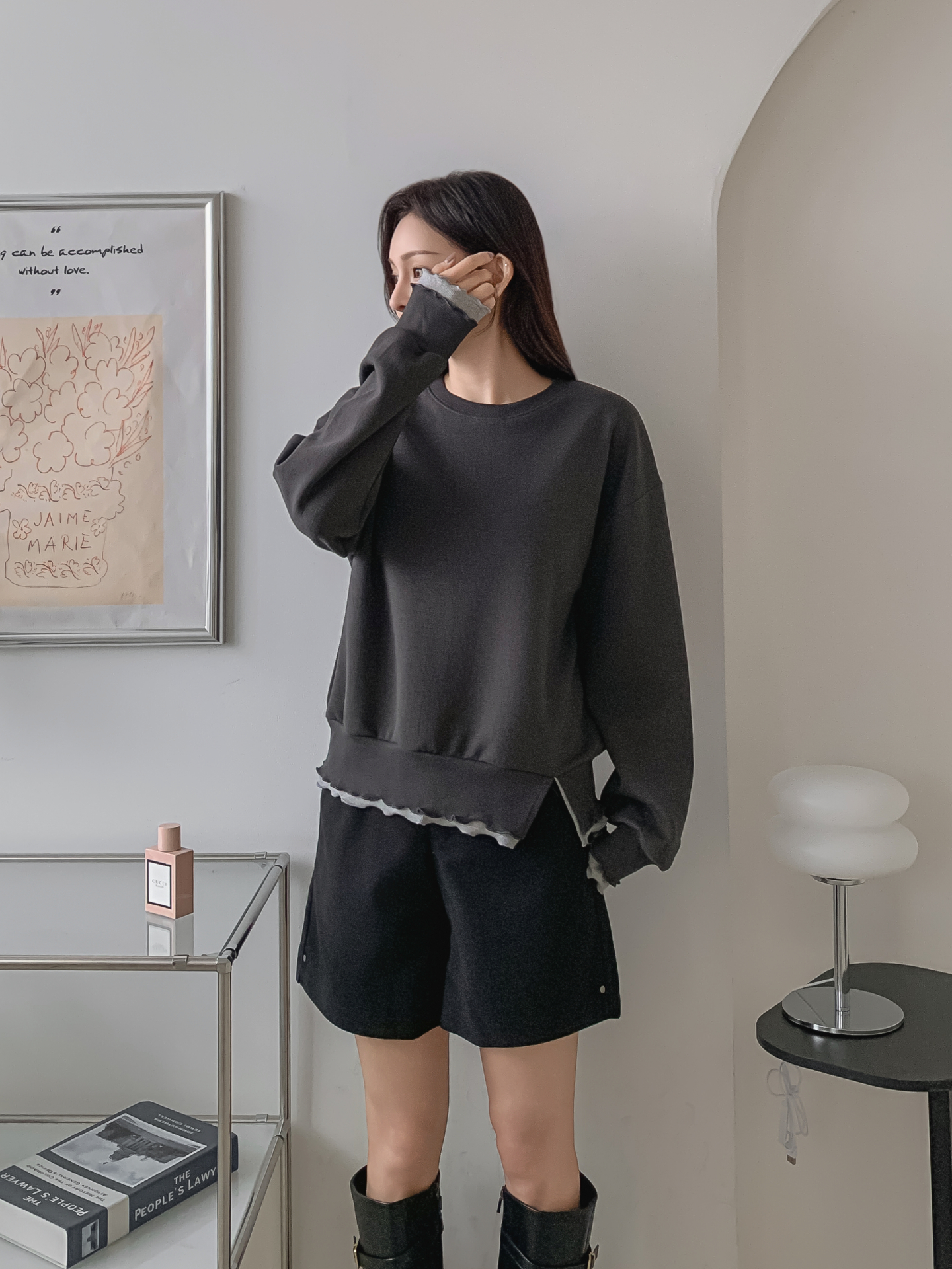 配色ラウンドネックスリットレイヤード風ルーズ長袖スウェット | 詳細画像8