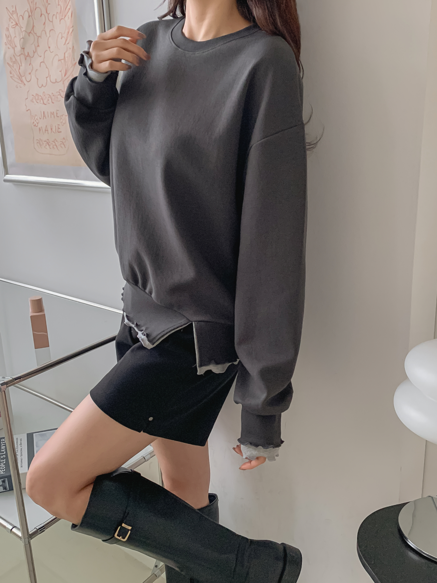 配色ラウンドネックスリットレイヤード風ルーズ長袖スウェット | 詳細画像9