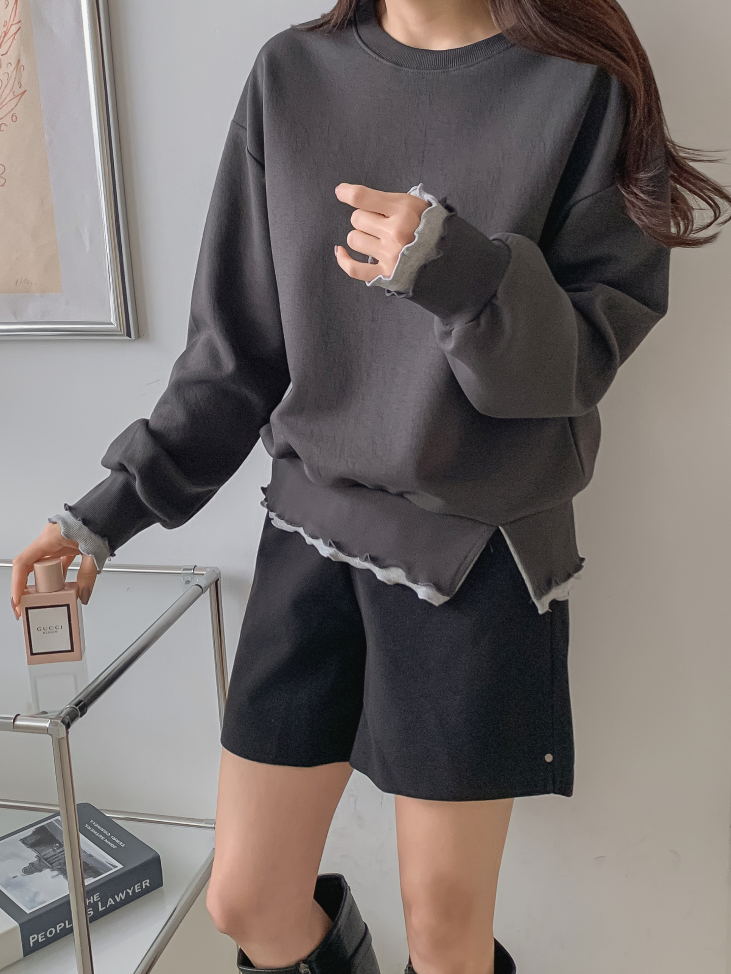 配色ラウンドネックスリットレイヤード風ルーズ長袖スウェット | 詳細画像10