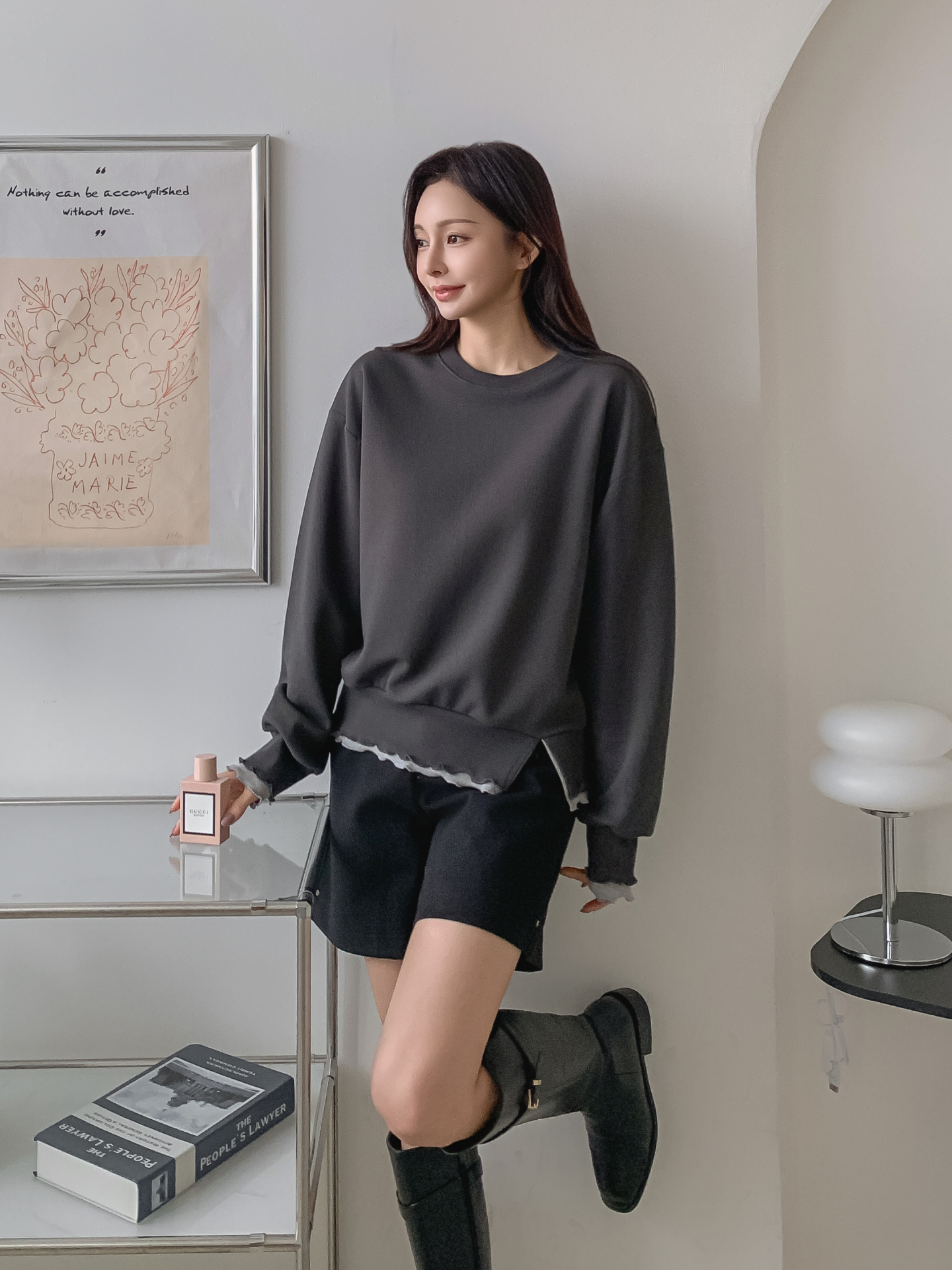 配色ラウンドネックスリットレイヤード風ルーズ長袖スウェット | 詳細画像11