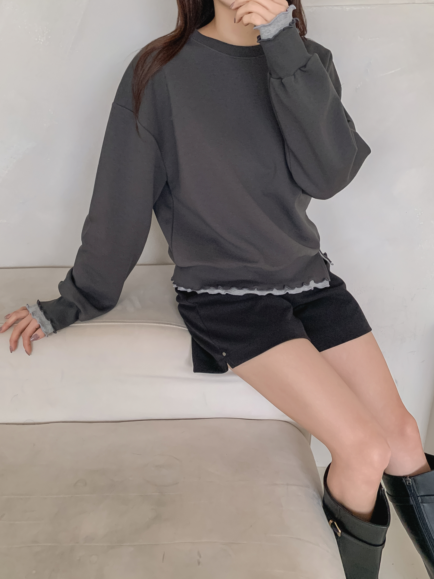 配色ラウンドネックスリットレイヤード風ルーズ長袖スウェット | 詳細画像13