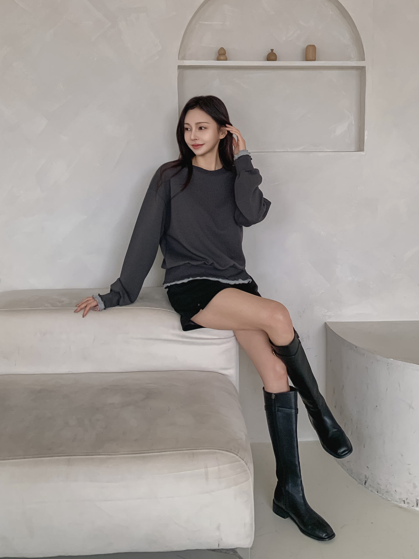 配色ラウンドネックスリットレイヤード風ルーズ長袖スウェット | 詳細画像14