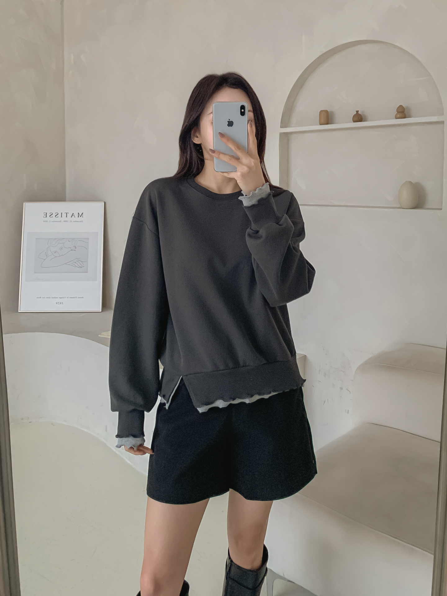 配色ラウンドネックスリットレイヤード風ルーズ長袖スウェット | 詳細画像19