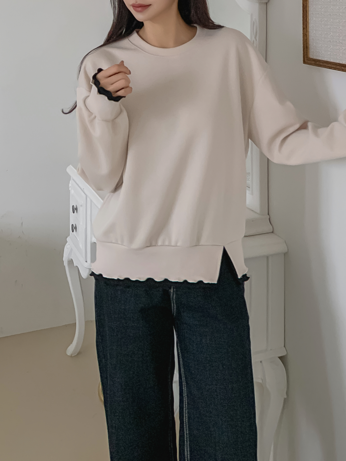 配色ラウンドネックスリットレイヤード風ルーズ長袖スウェット | 詳細画像20