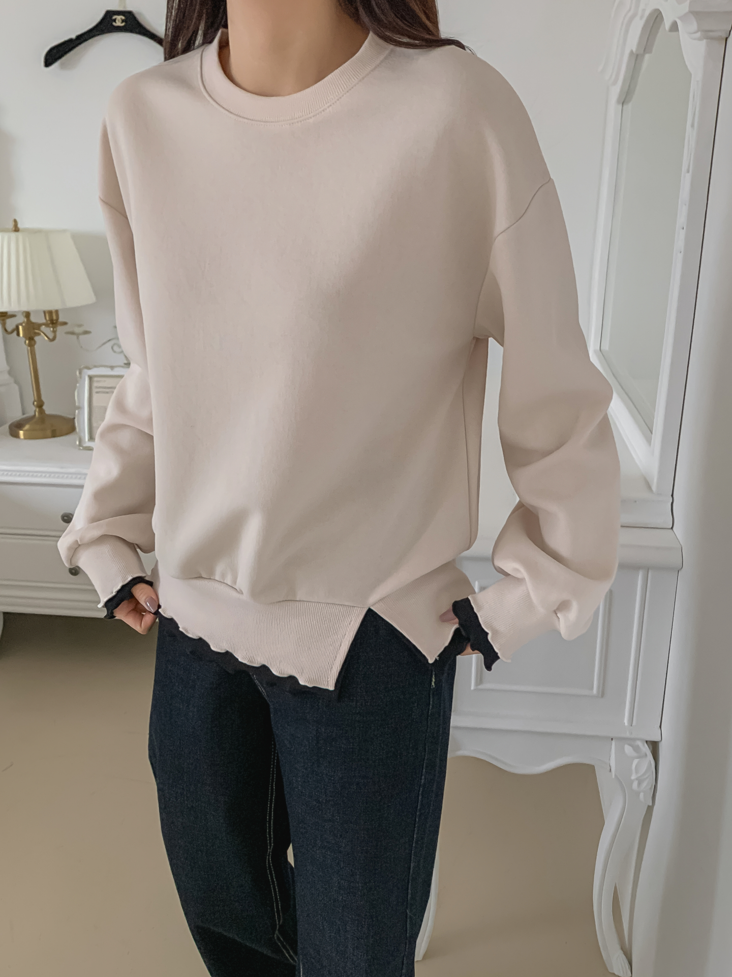 配色ラウンドネックスリットレイヤード風ルーズ長袖スウェット | 詳細画像21