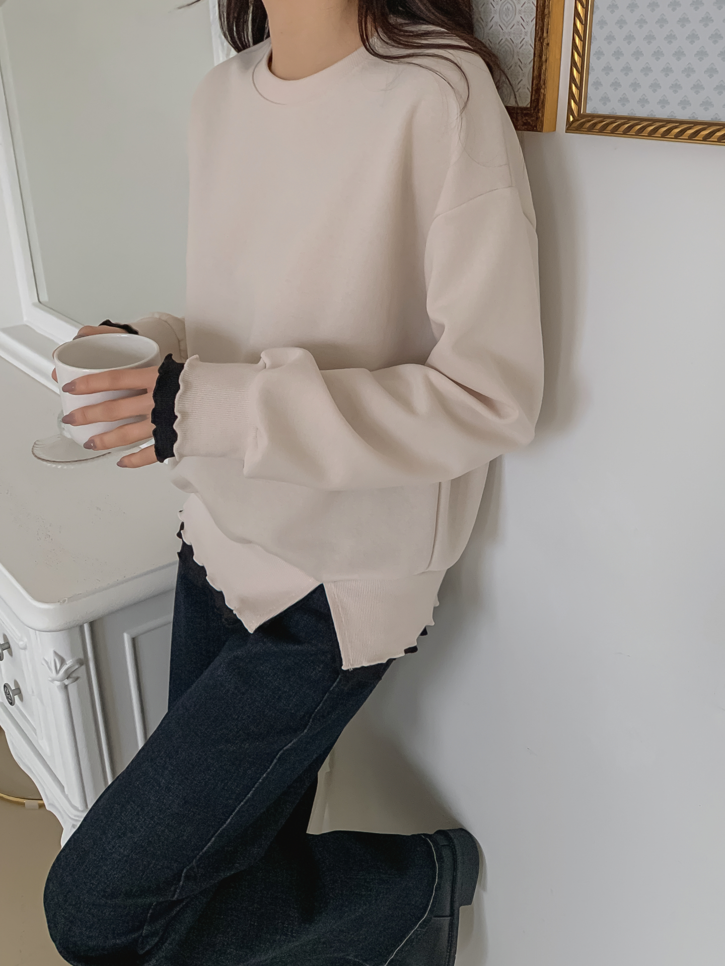 配色ラウンドネックスリットレイヤード風ルーズ長袖スウェット | 詳細画像22