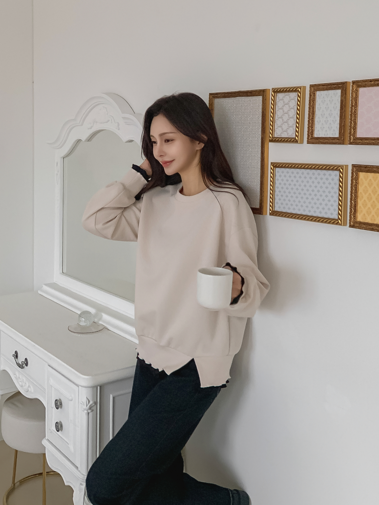 配色ラウンドネックスリットレイヤード風ルーズ長袖スウェット | 詳細画像23