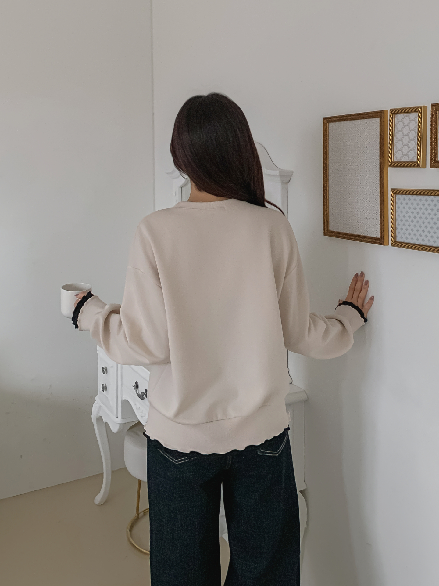 配色ラウンドネックスリットレイヤード風ルーズ長袖スウェット | 詳細画像24