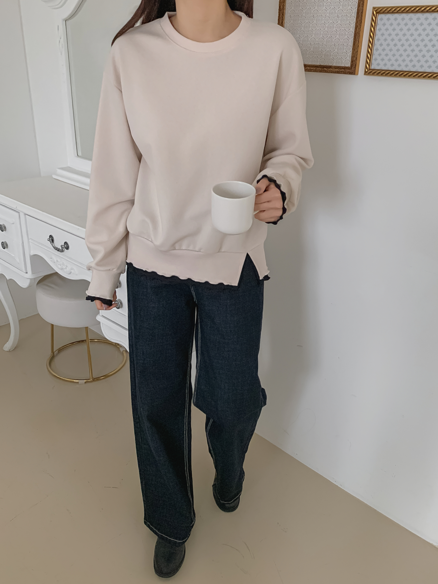 配色ラウンドネックスリットレイヤード風ルーズ長袖スウェット | 詳細画像26