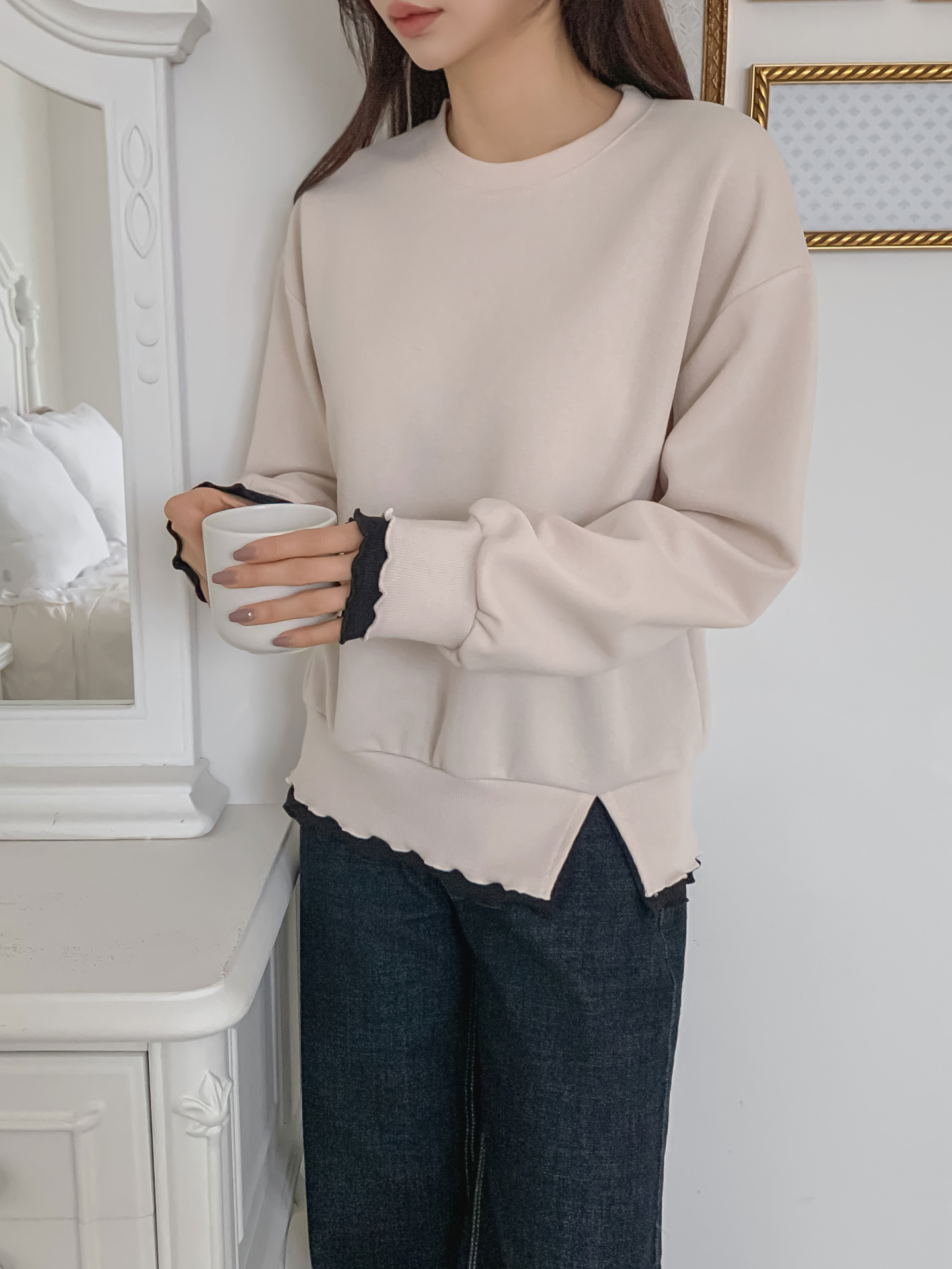 配色ラウンドネックスリットレイヤード風ルーズ長袖スウェット | 詳細画像27