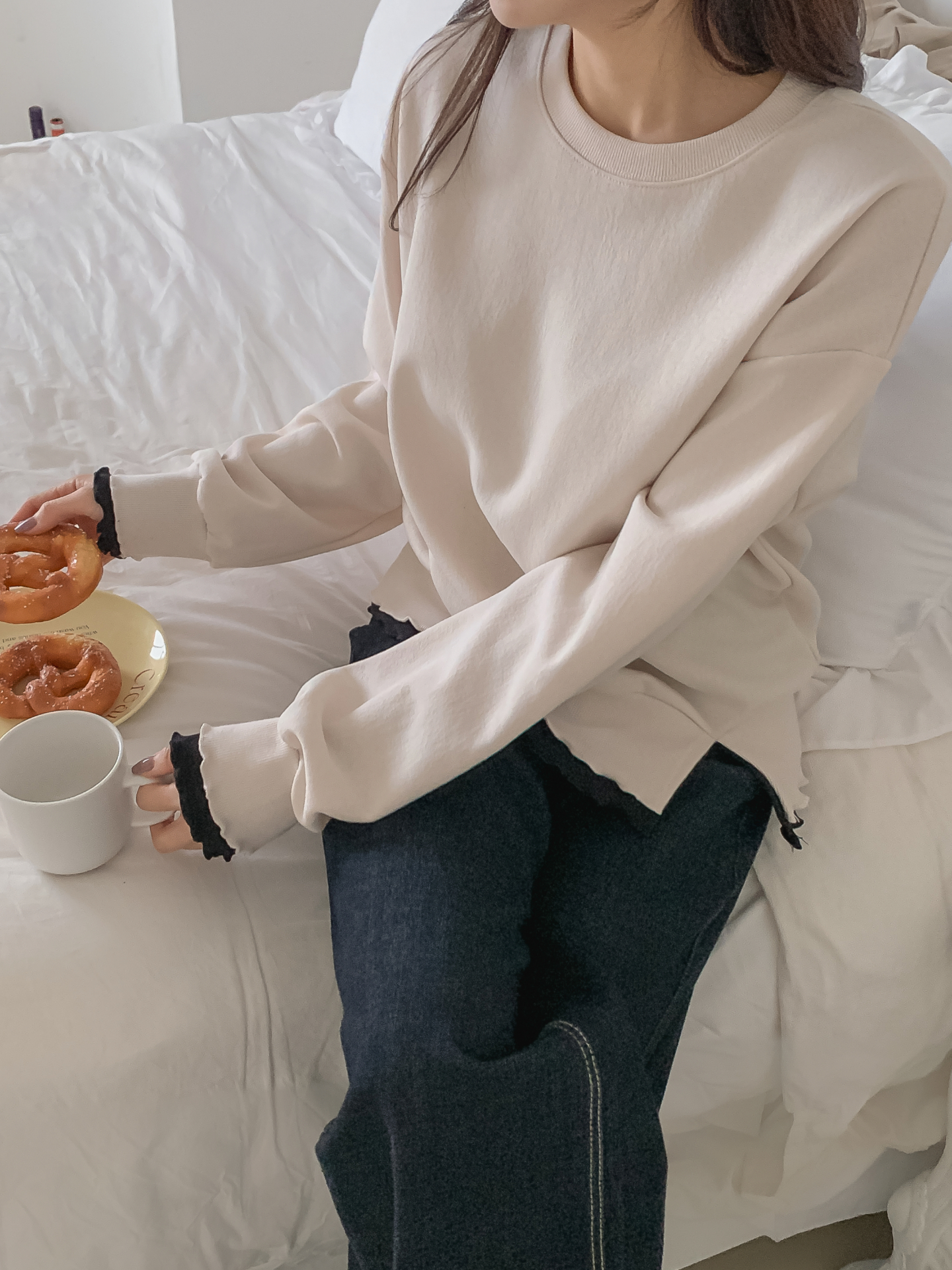 配色ラウンドネックスリットレイヤード風ルーズ長袖スウェット | 詳細画像29