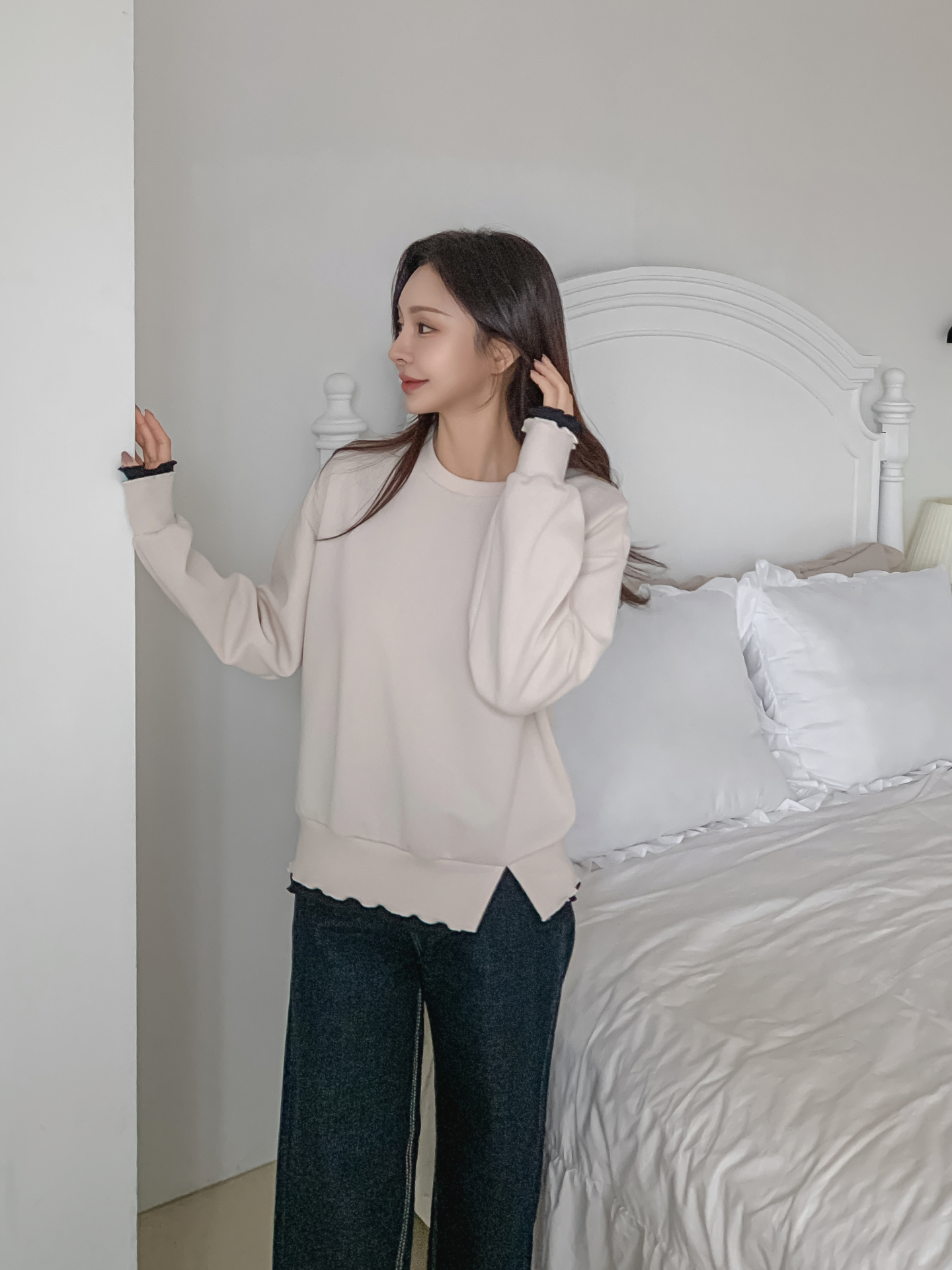 配色ラウンドネックスリットレイヤード風ルーズ長袖スウェット | 詳細画像30