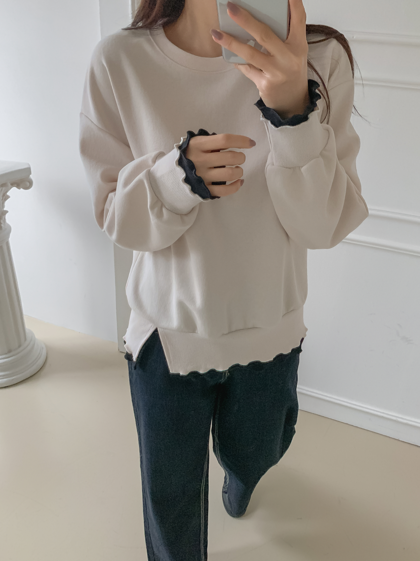 配色ラウンドネックスリットレイヤード風ルーズ長袖スウェット | 詳細画像32