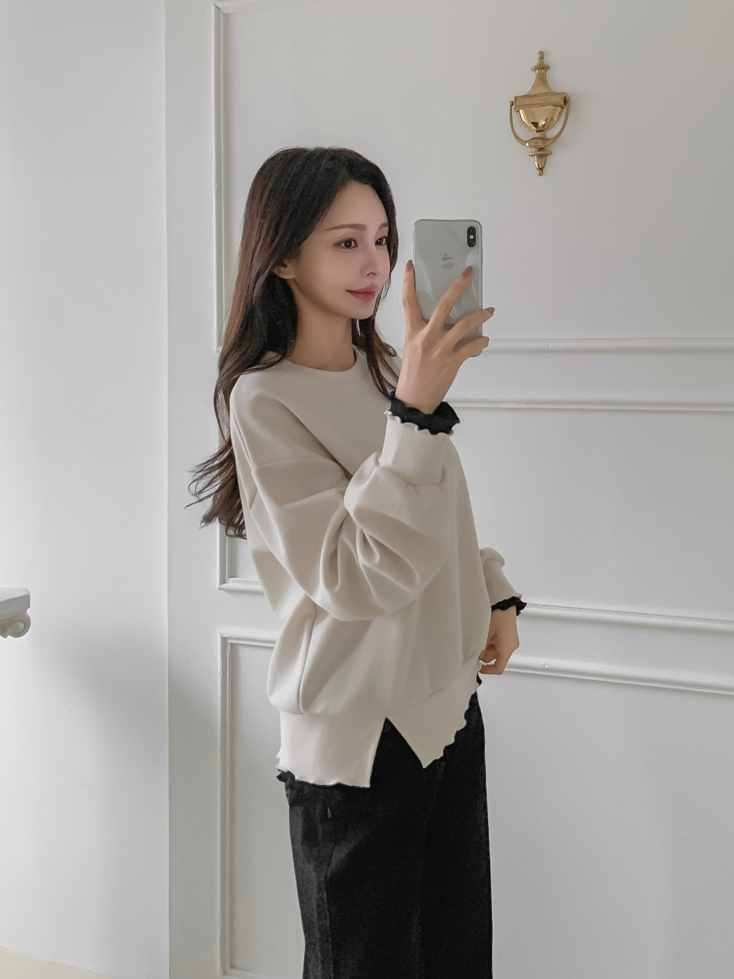 配色ラウンドネックスリットレイヤード風ルーズ長袖スウェット | 詳細画像33