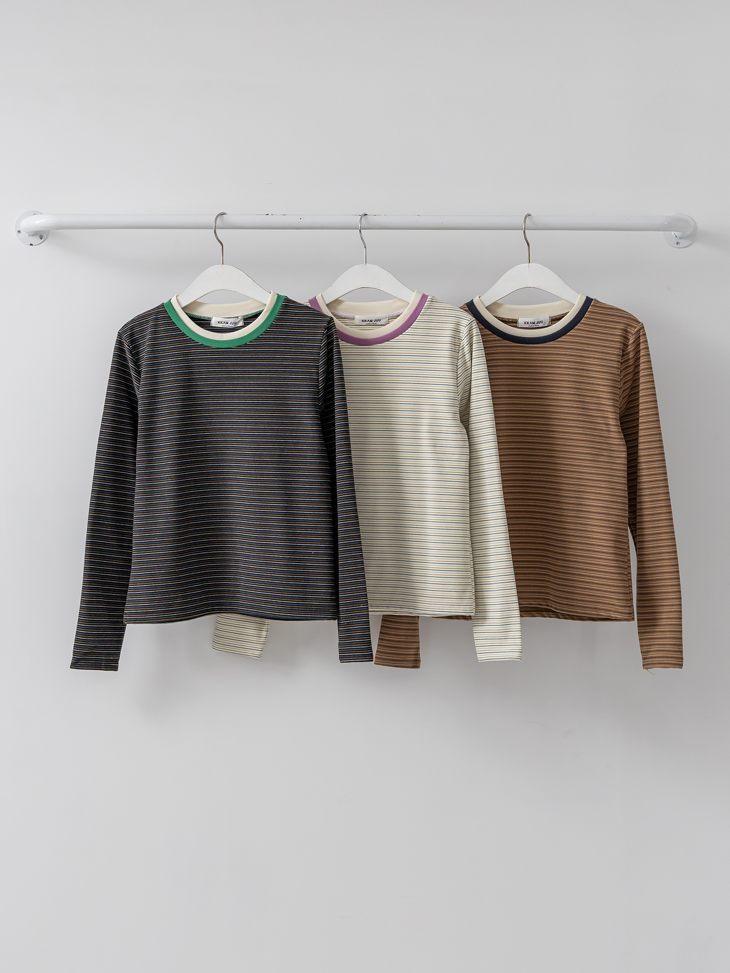 配色ラウンドネックスリム長袖ボーダーTシャツ | 詳細画像2