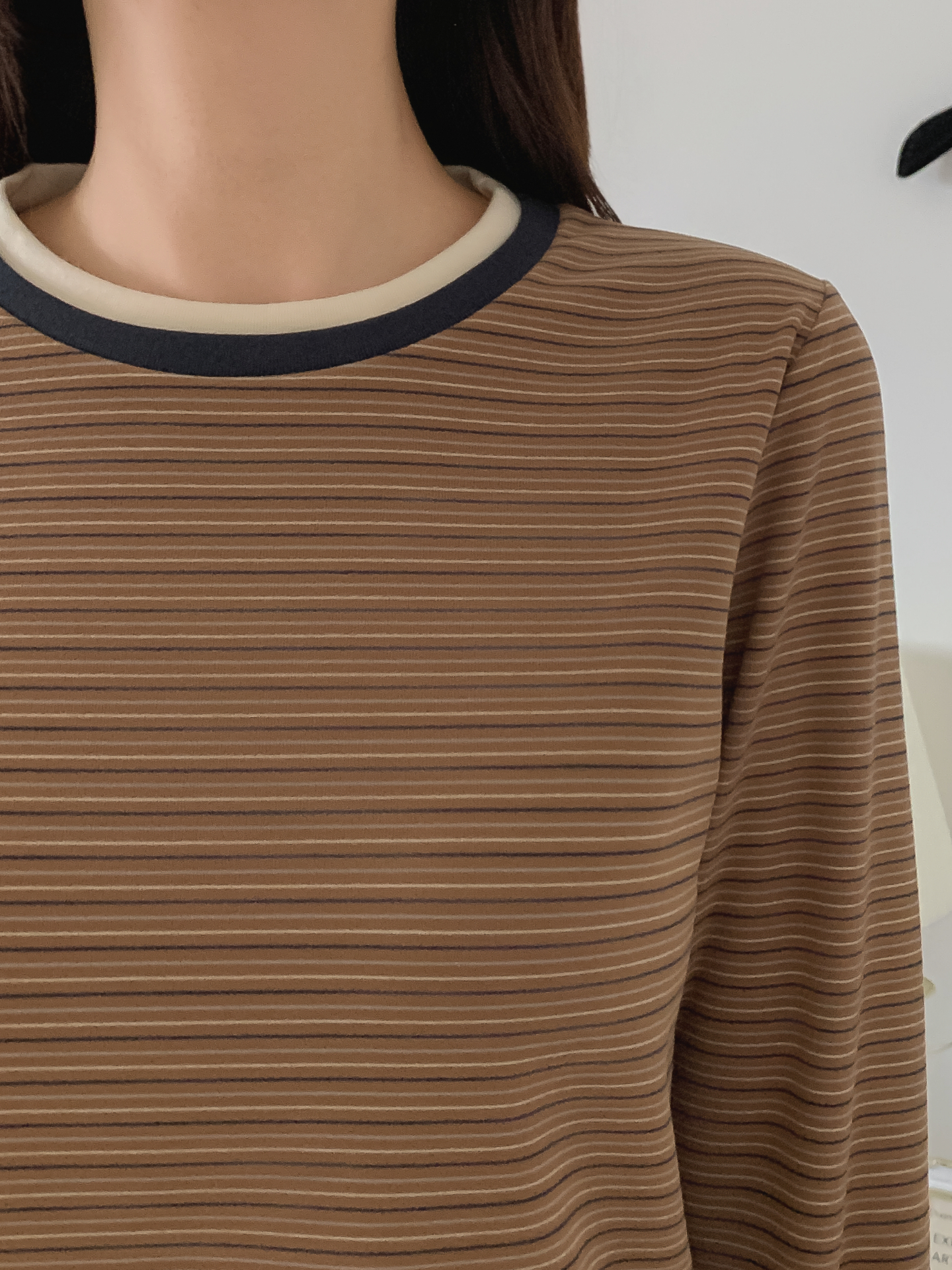 配色ラウンドネックスリム長袖ボーダーTシャツ | 詳細画像17