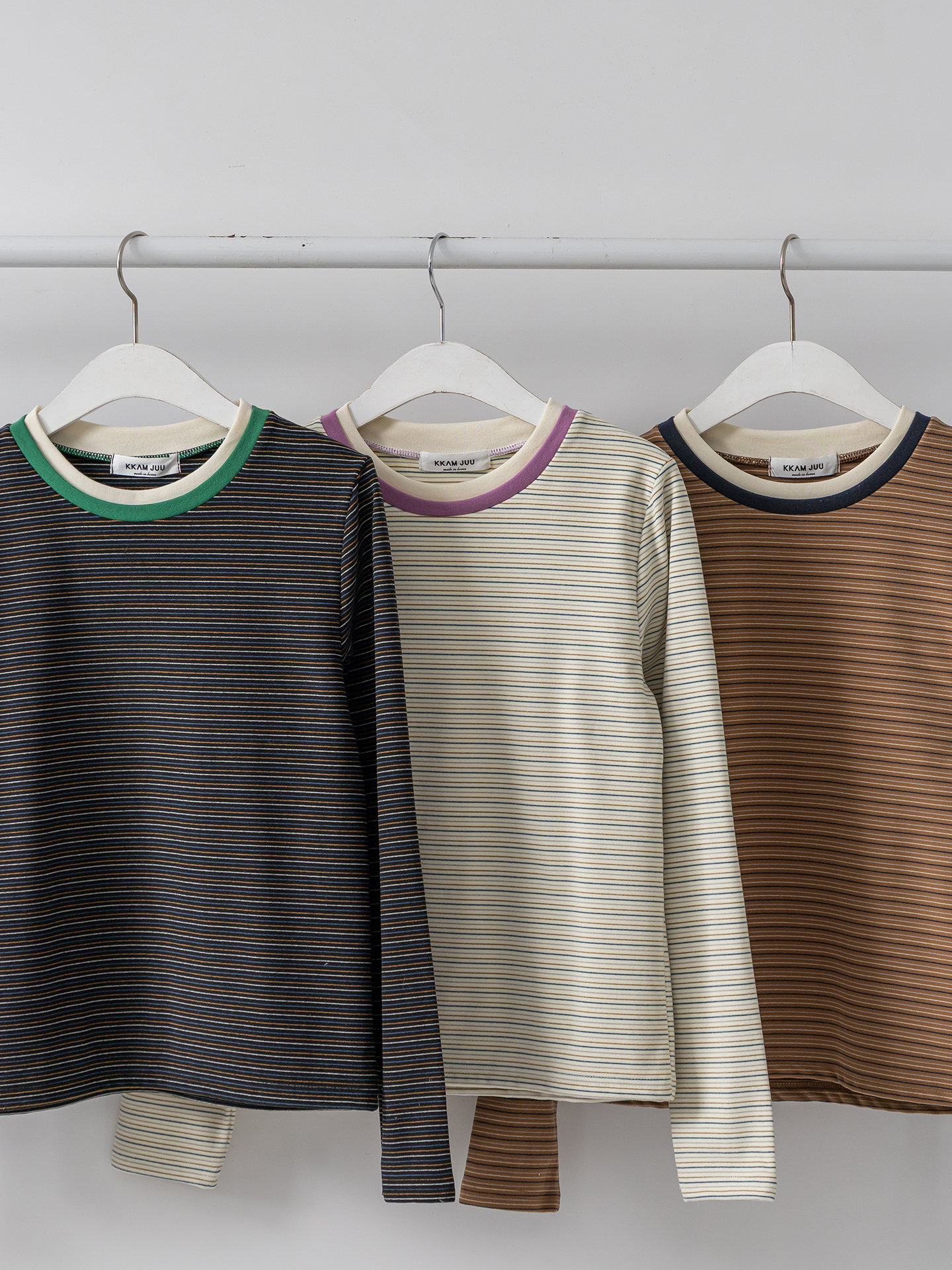 配色ラウンドネックスリム長袖ボーダーTシャツ | 詳細画像3