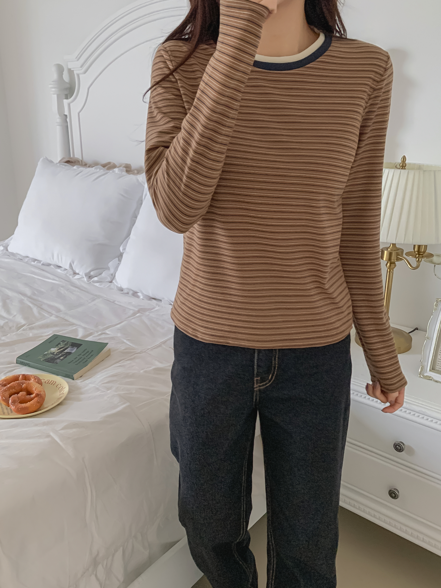 配色ラウンドネックスリム長袖ボーダーTシャツ | 詳細画像11