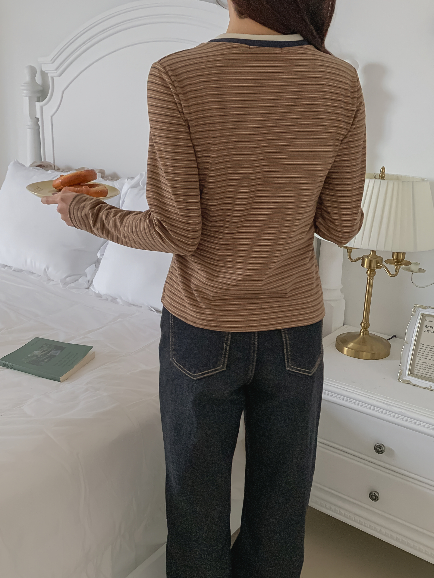 配色ラウンドネックスリム長袖ボーダーTシャツ | 詳細画像13