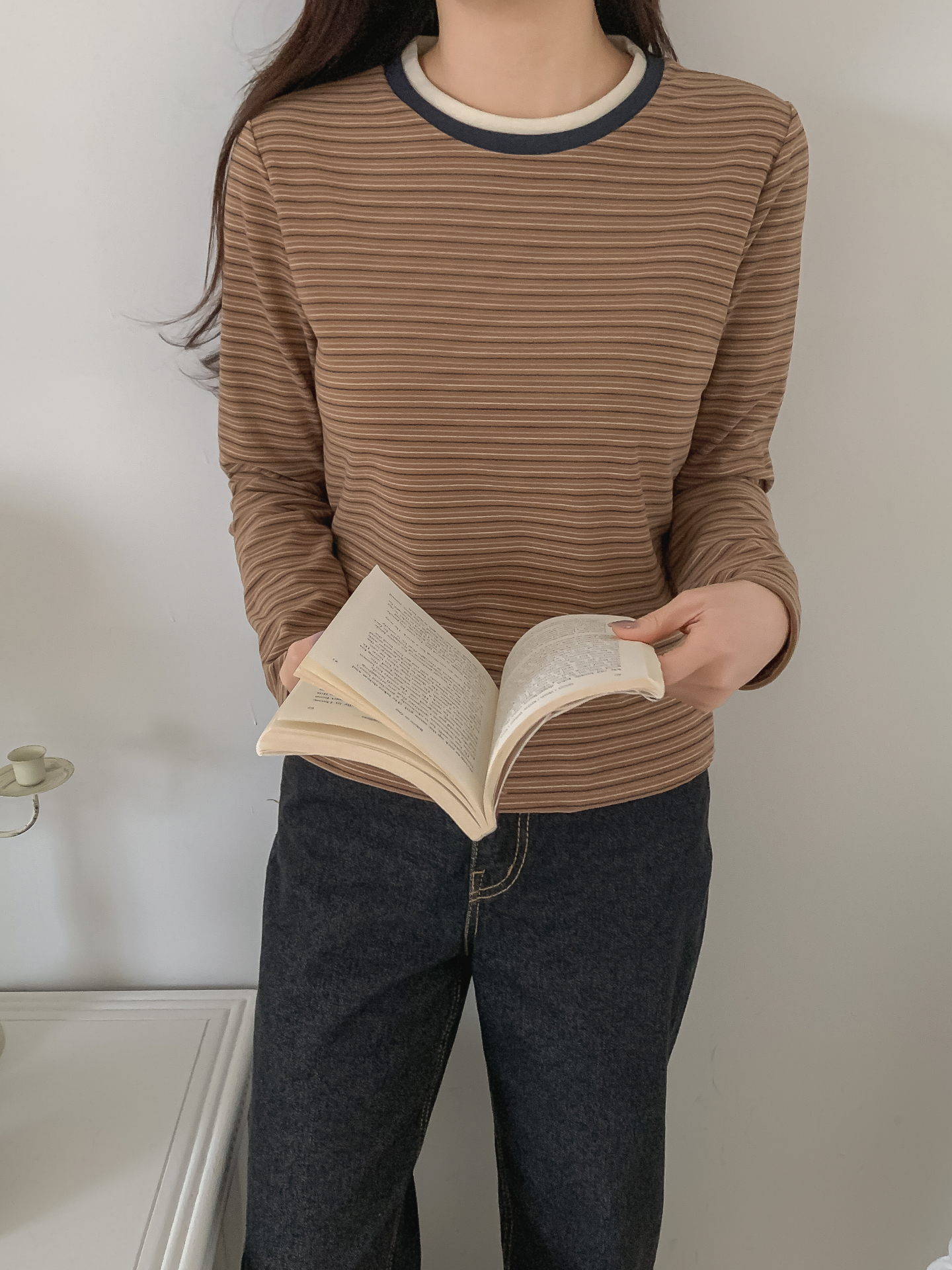 配色ラウンドネックスリム長袖ボーダーTシャツ | 詳細画像20