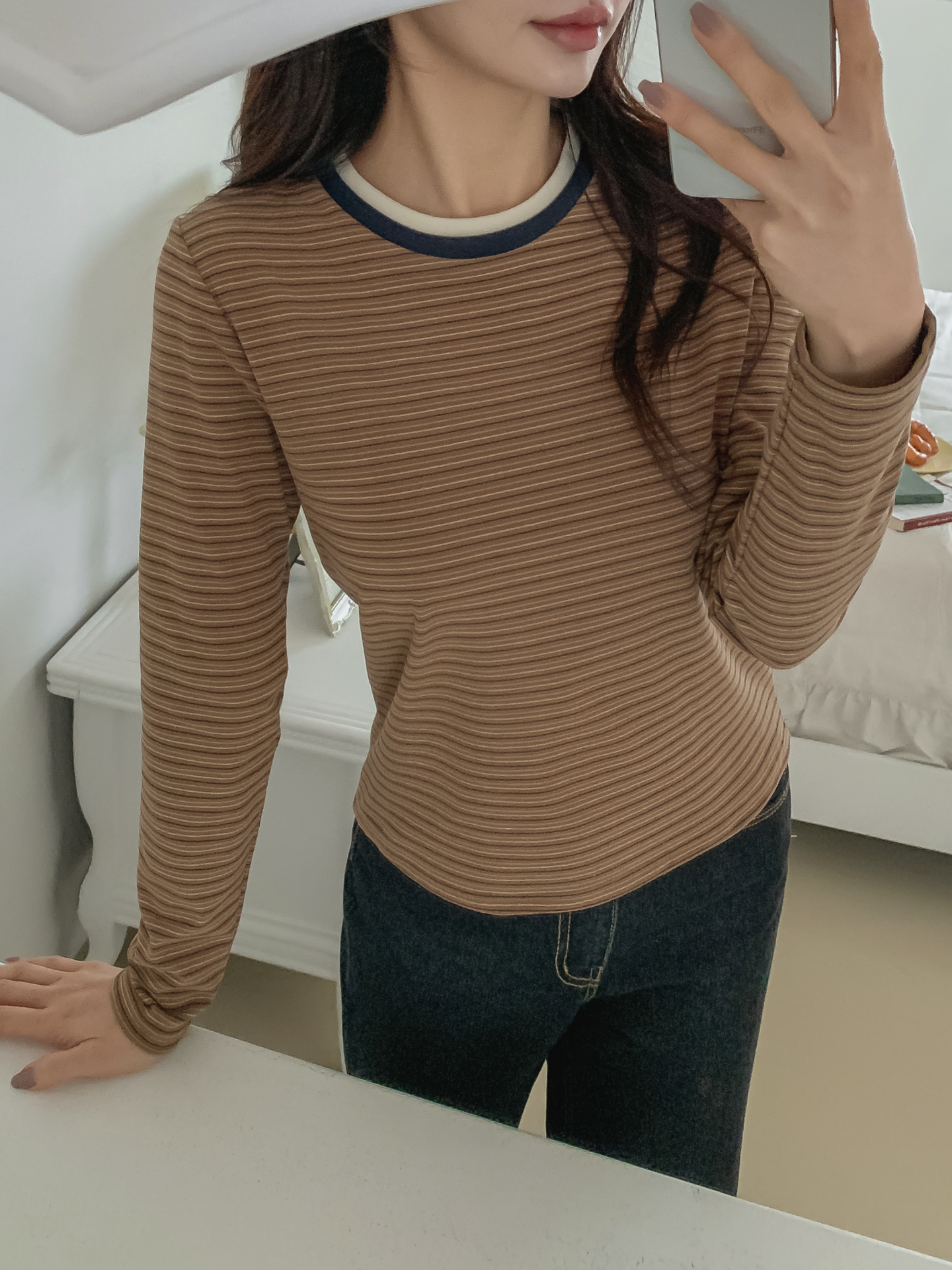 配色ラウンドネックスリム長袖ボーダーTシャツ | 詳細画像23