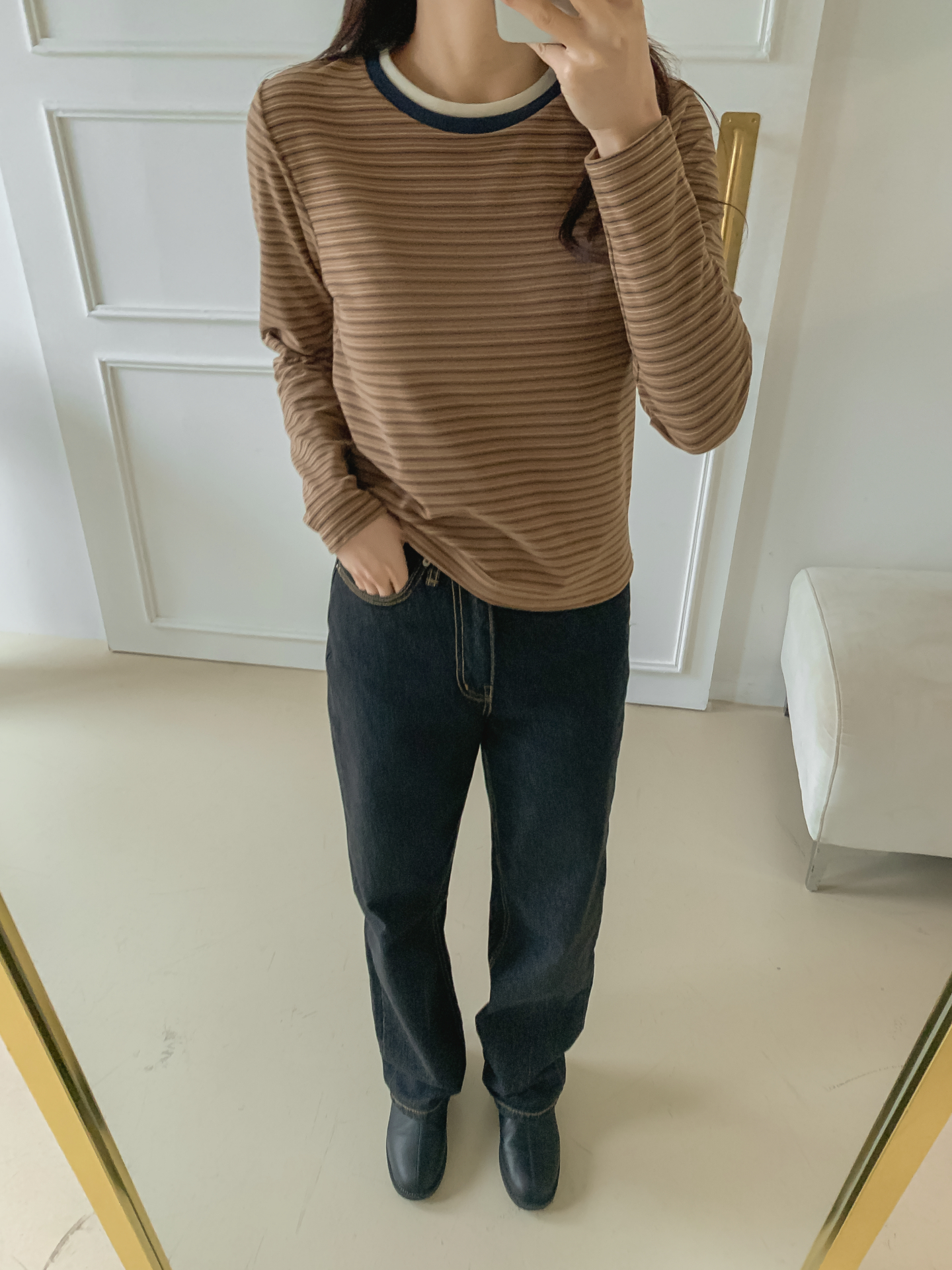 配色ラウンドネックスリム長袖ボーダーTシャツ | 詳細画像4