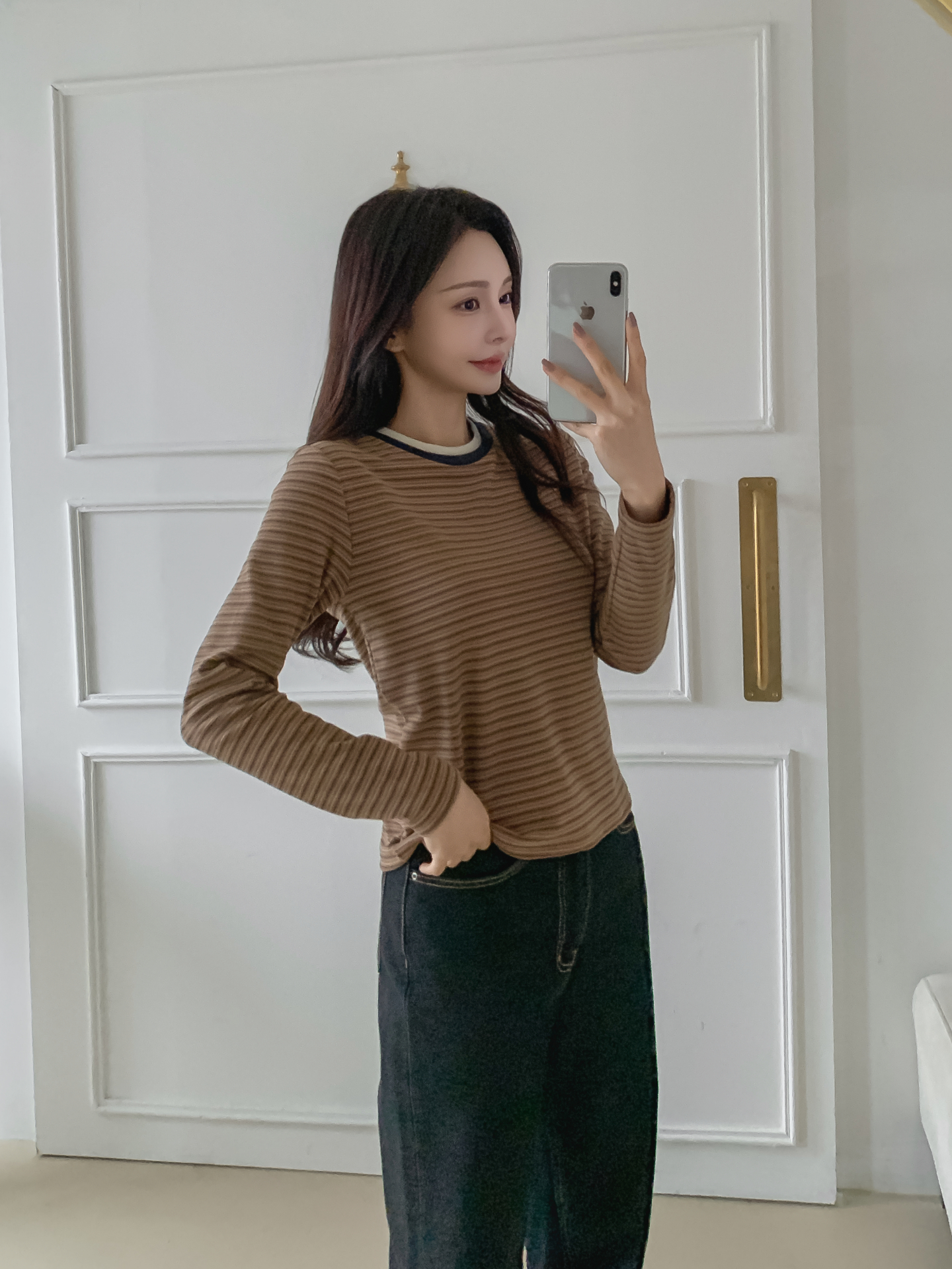 配色ラウンドネックスリム長袖ボーダーTシャツ | 詳細画像24