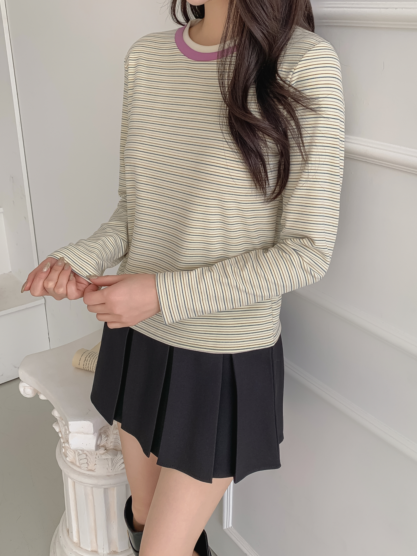 配色ラウンドネックスリム長袖ボーダーTシャツ | 詳細画像25