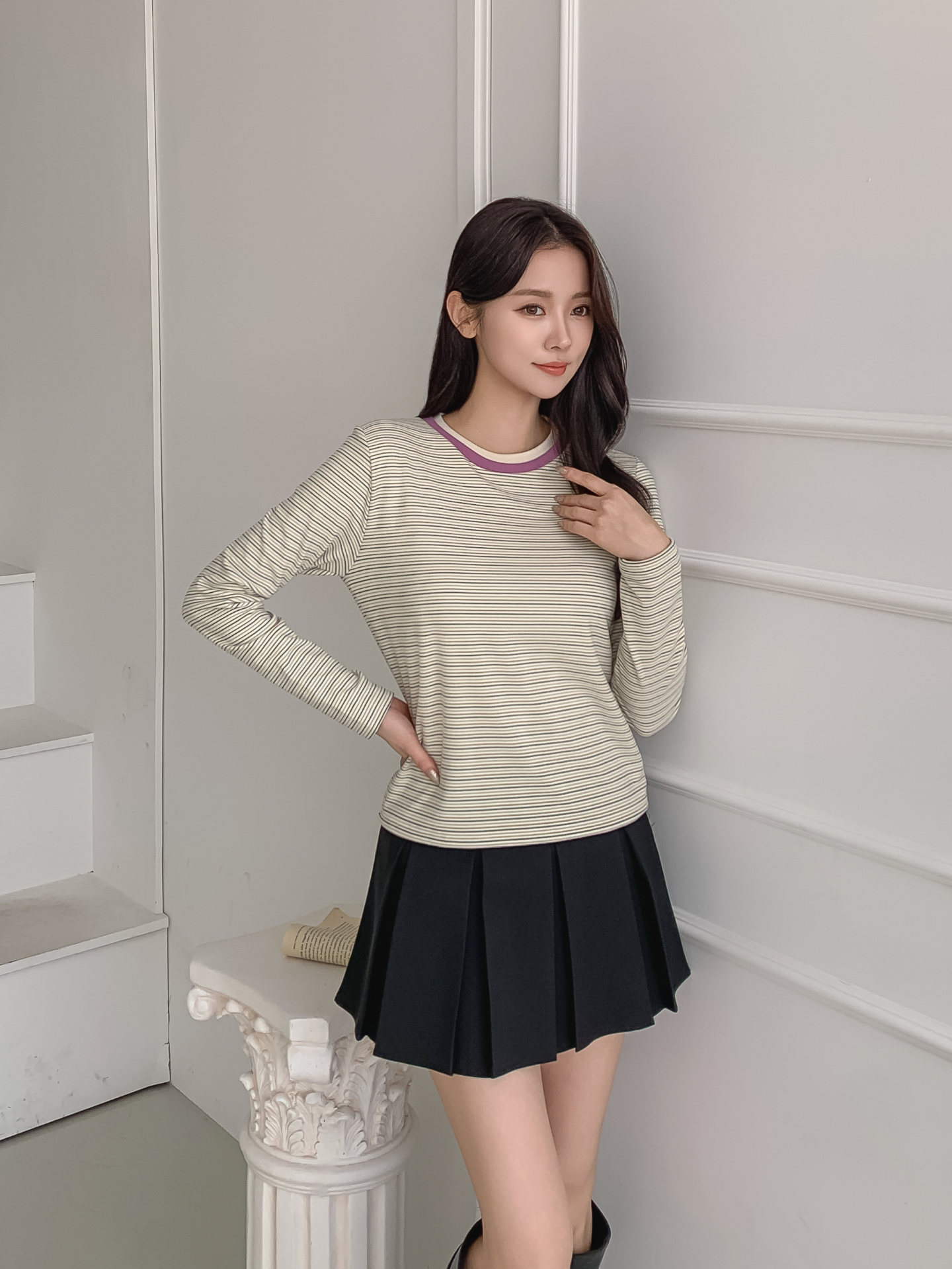 配色ラウンドネックスリム長袖ボーダーTシャツ | 詳細画像26