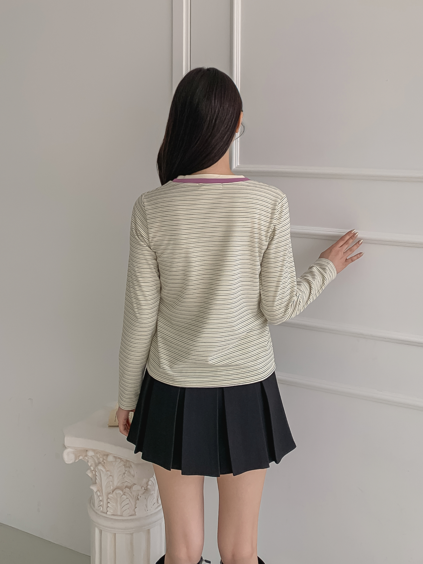 配色ラウンドネックスリム長袖ボーダーTシャツ | 詳細画像6