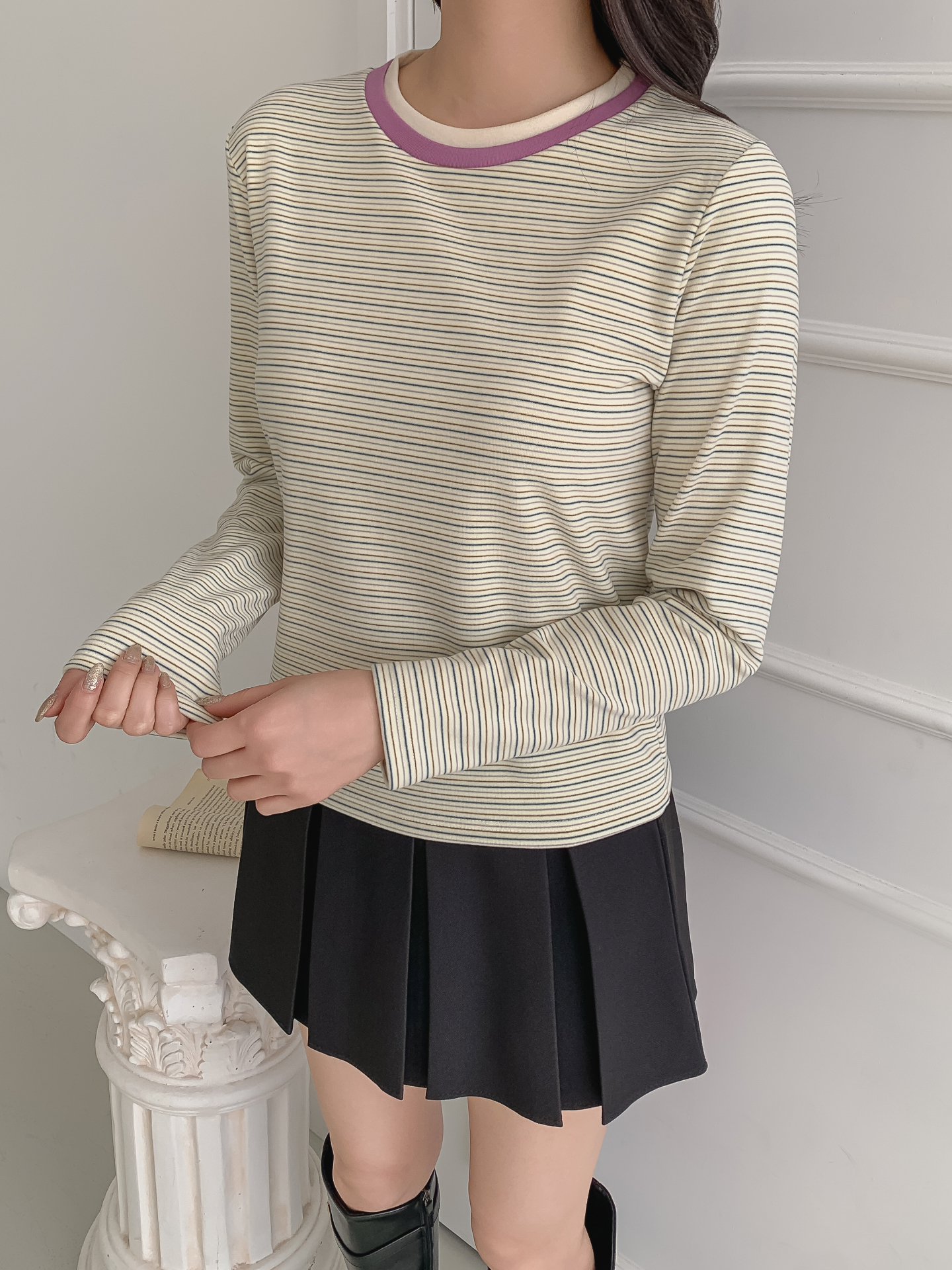 配色ラウンドネックスリム長袖ボーダーTシャツ | 詳細画像27