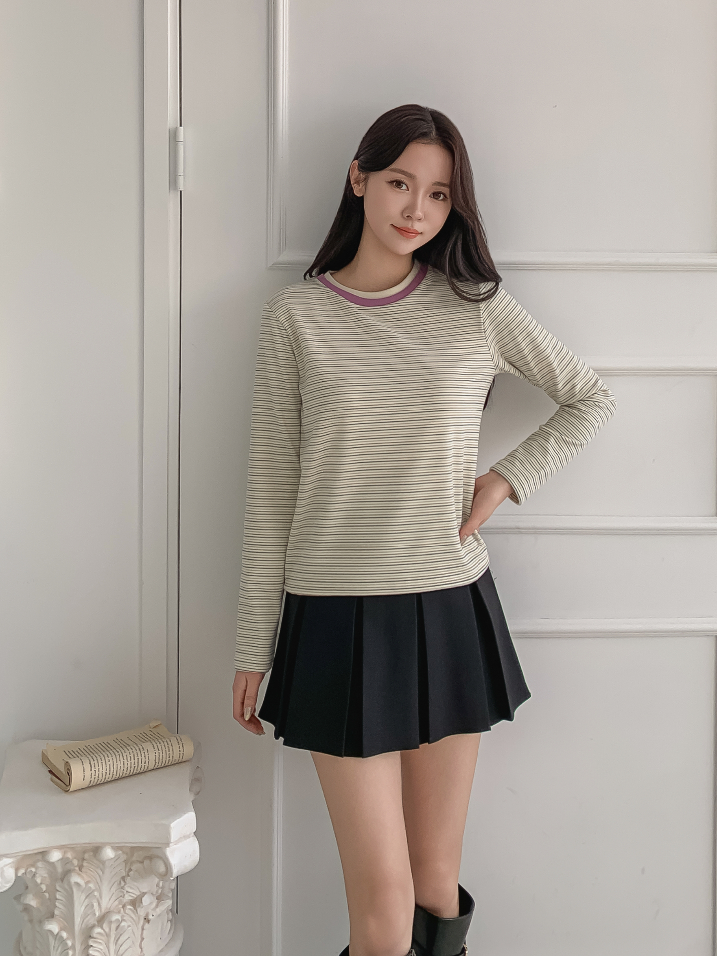 配色ラウンドネックスリム長袖ボーダーTシャツ | 詳細画像28